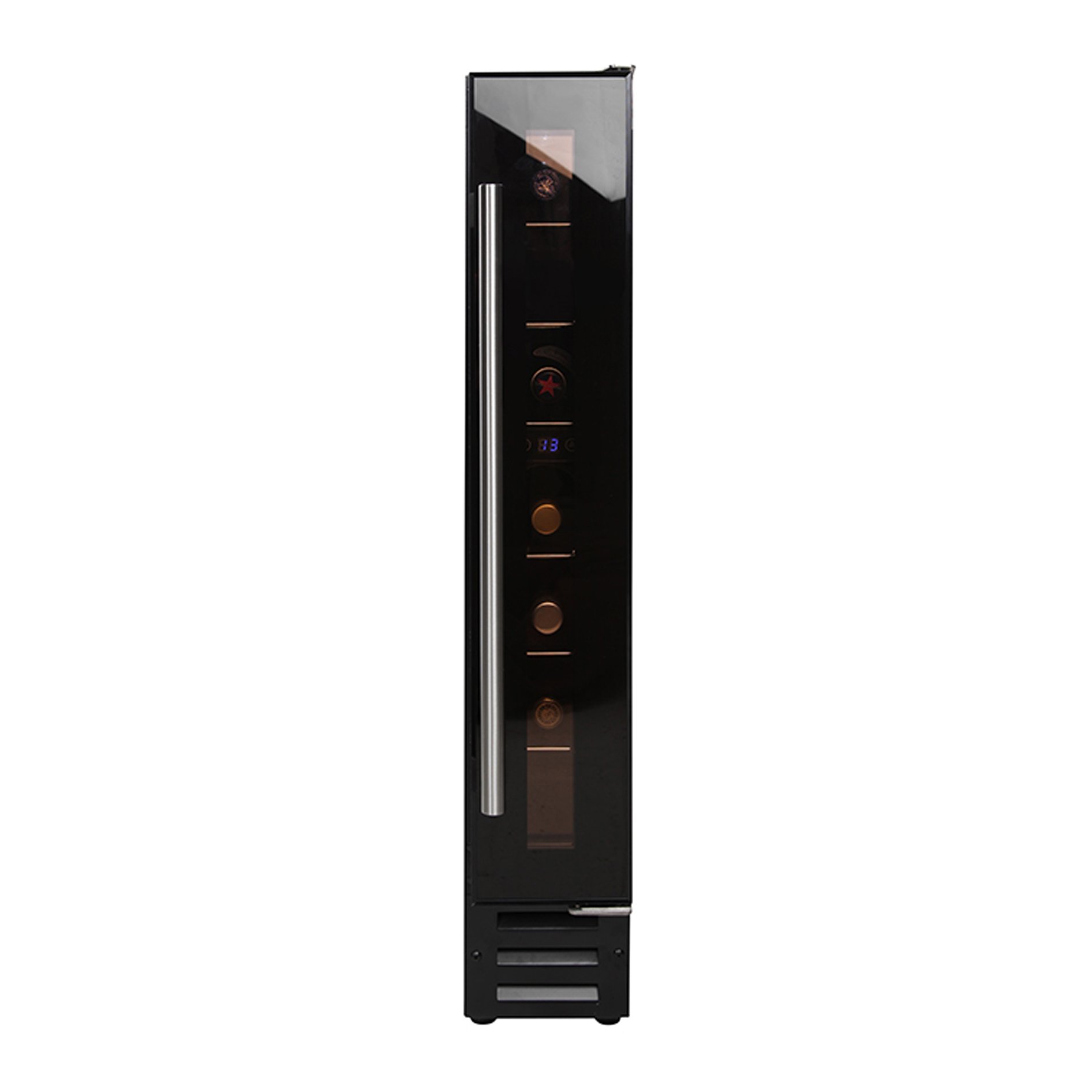 150mm integrated wine cooler offers ample space for 7 bottles of wine. Additional features include easy to use controls, 6 chrome wire shelves and adjustable thermostat.