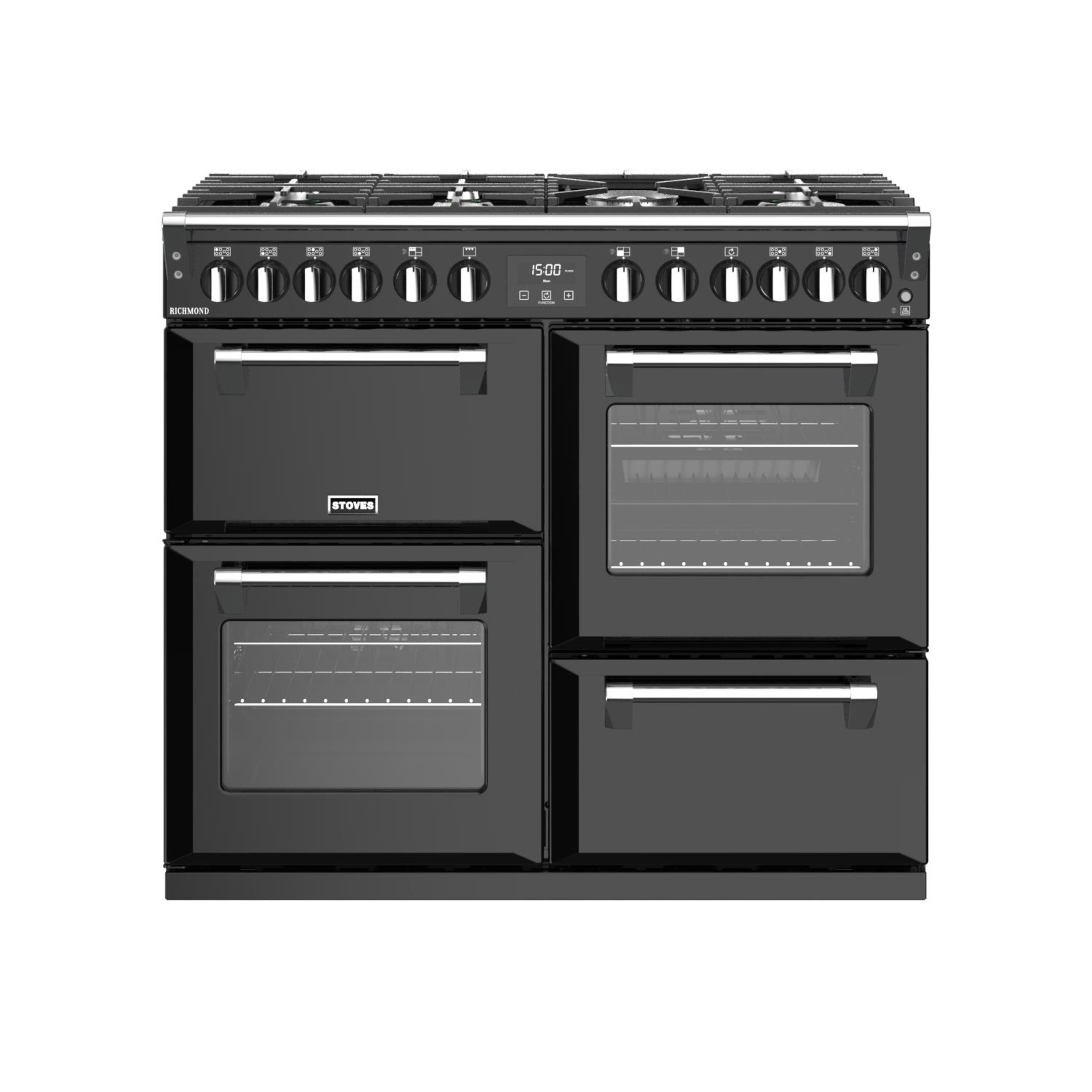 100cm dual fuel range cooker with a 7 burner gas hob, conventional oven & grill, multifunction main oven, fanned second oven, and dedicated slow cook oven