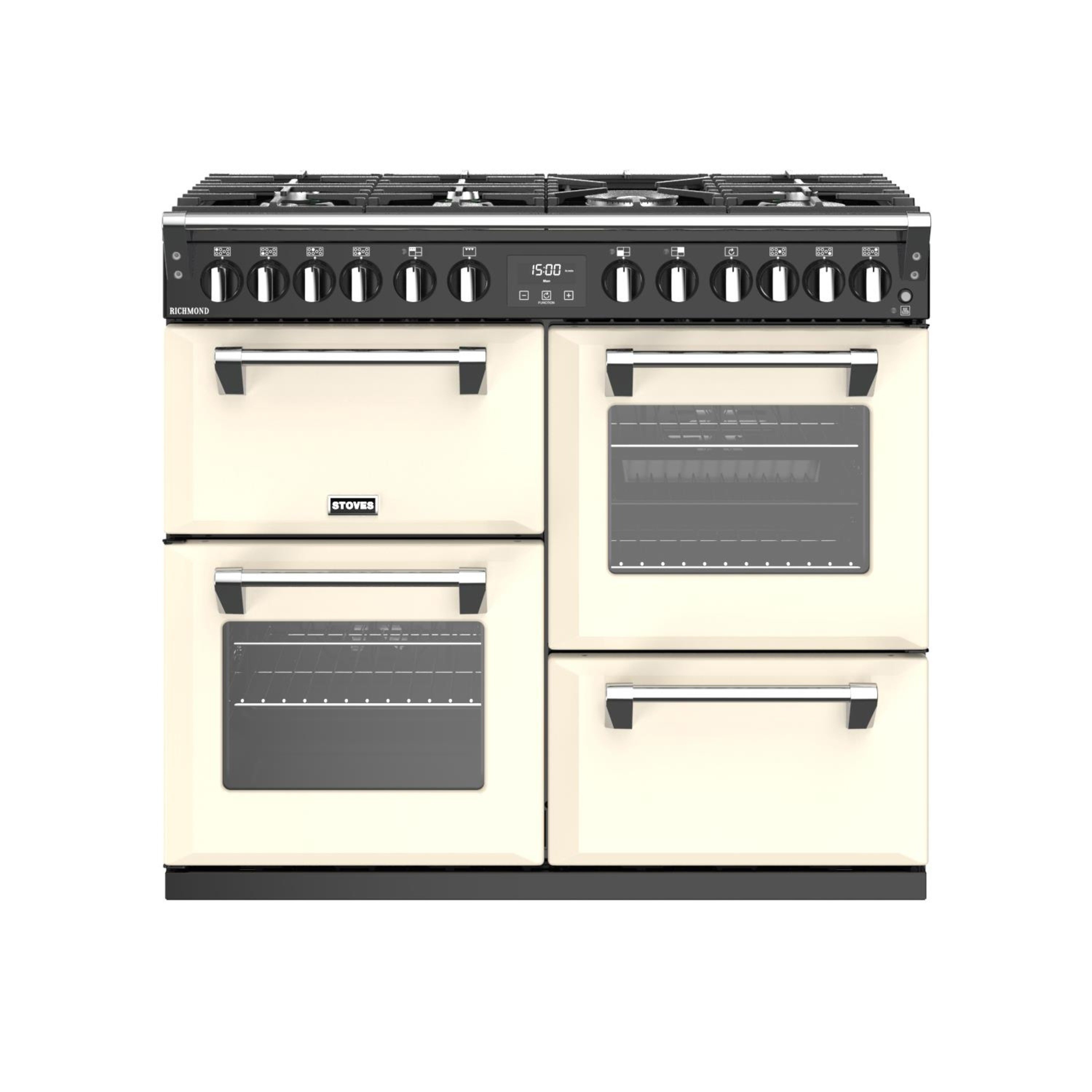 100cm dual fuel range cooker with a 7 burner gas hob, conventional oven & grill, multifunction main oven, fanned second oven, and dedicated slow cook oven