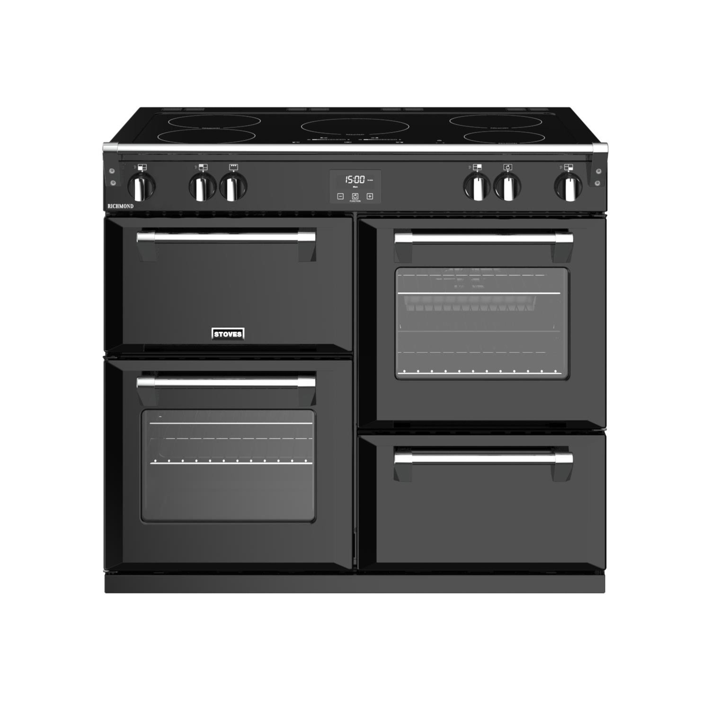 100cm electric induction range cooker with a 5 zone touch control induction hob, conventional oven & grill, multifunction main oven, fanned second oven, and dedicated slow cook oven