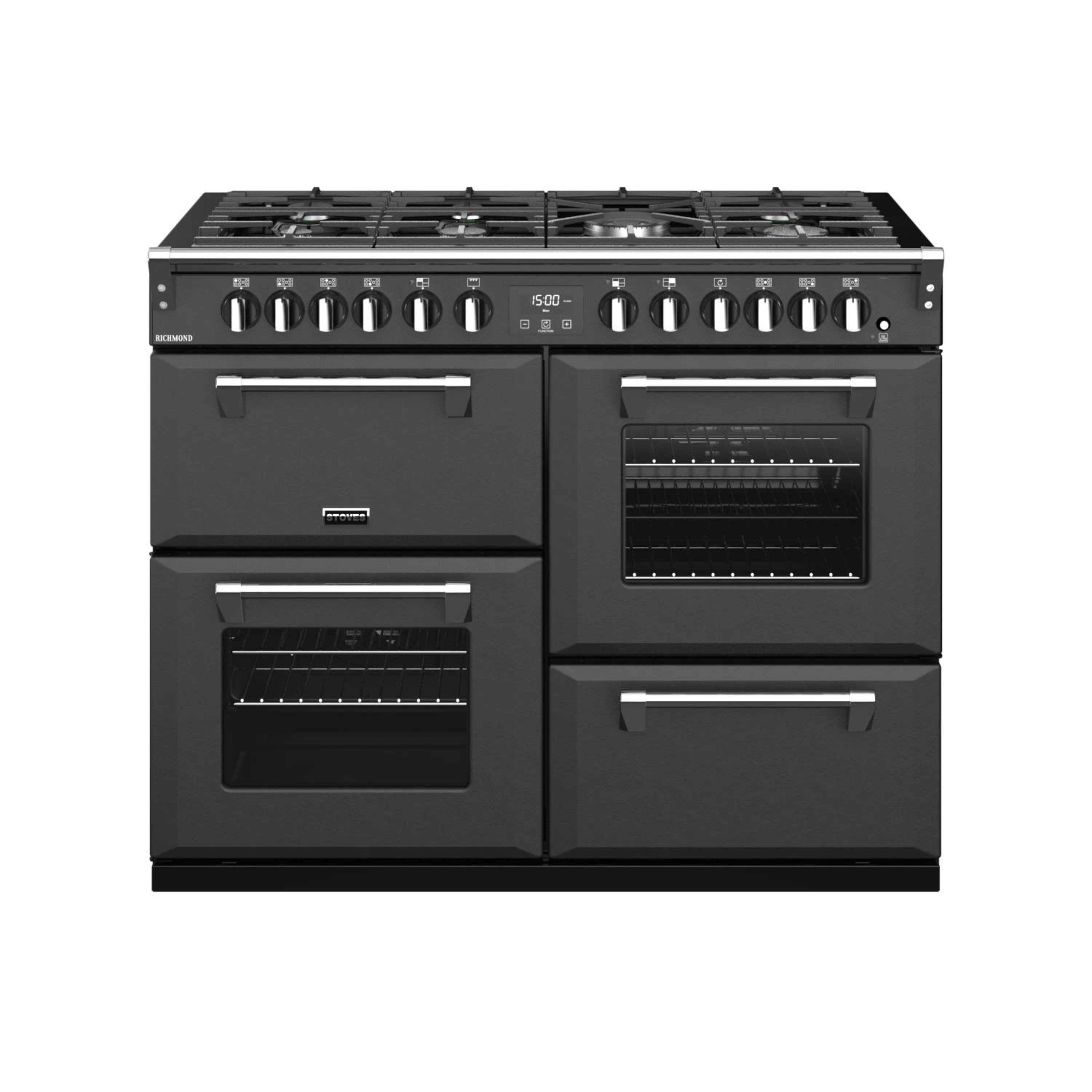110cm dual fuel range cooker with a 7 burner gas hob, conventional oven & grill, multifunction main oven, fanned second oven, and dedicated slow cook oven