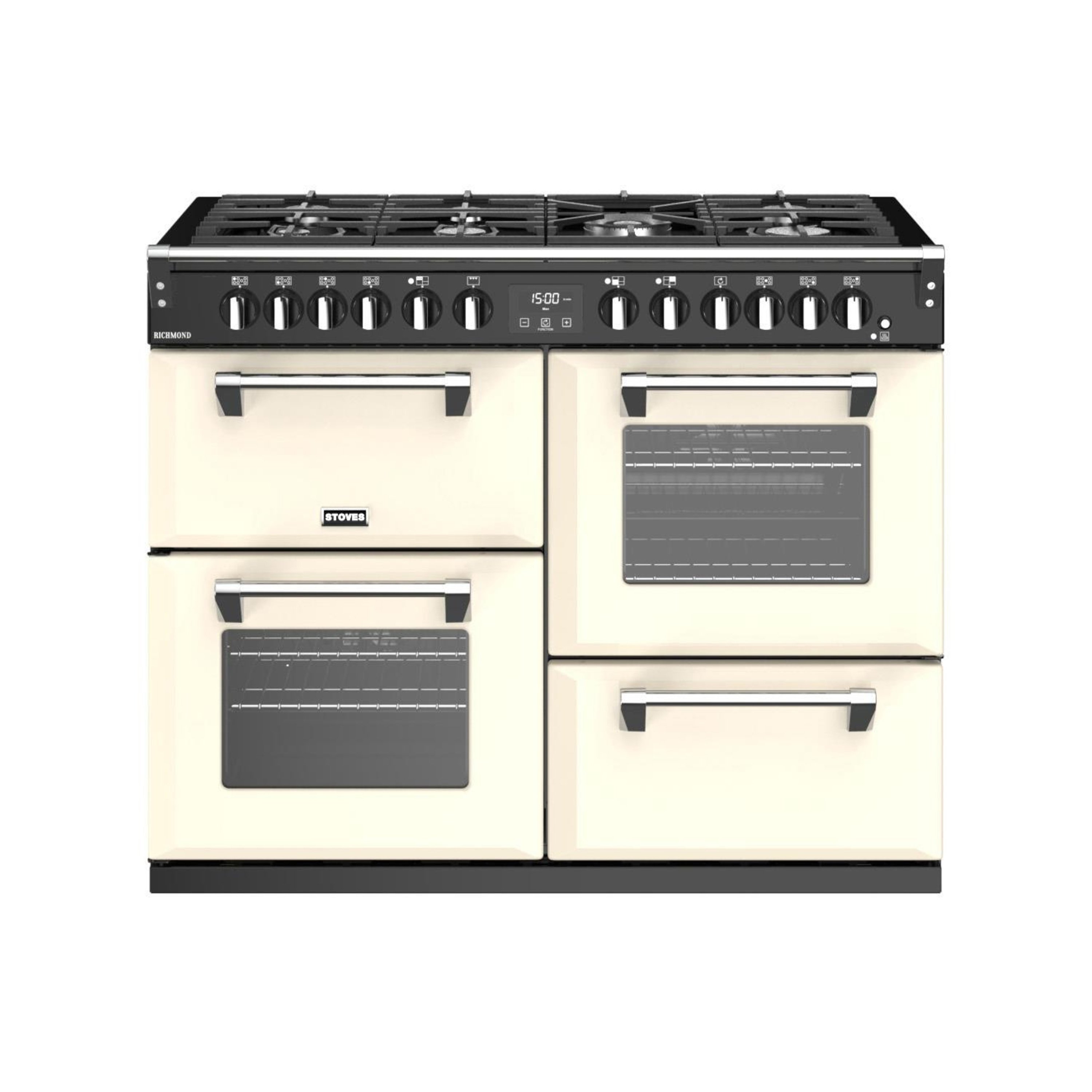 110cm dual fuel range cooker with a 7 burner gas hob, conventional oven & grill, multifunction main oven, fanned second oven, and dedicated slow cook oven