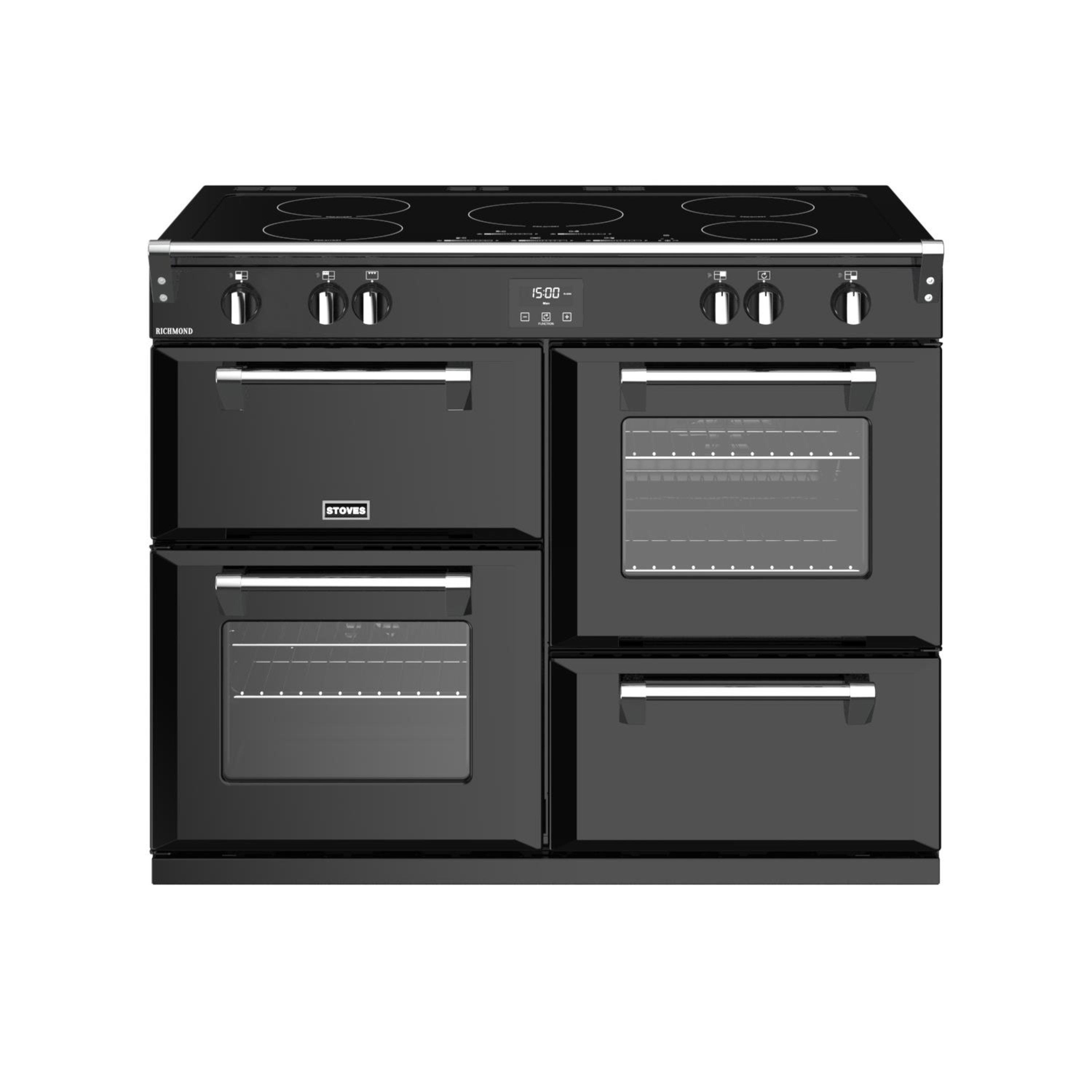 110cm electric induction range cooker with a 5 zone touch control induction hob, conventional oven & grill, multifunction main oven, fanned second oven, and dedicated slow cook oven