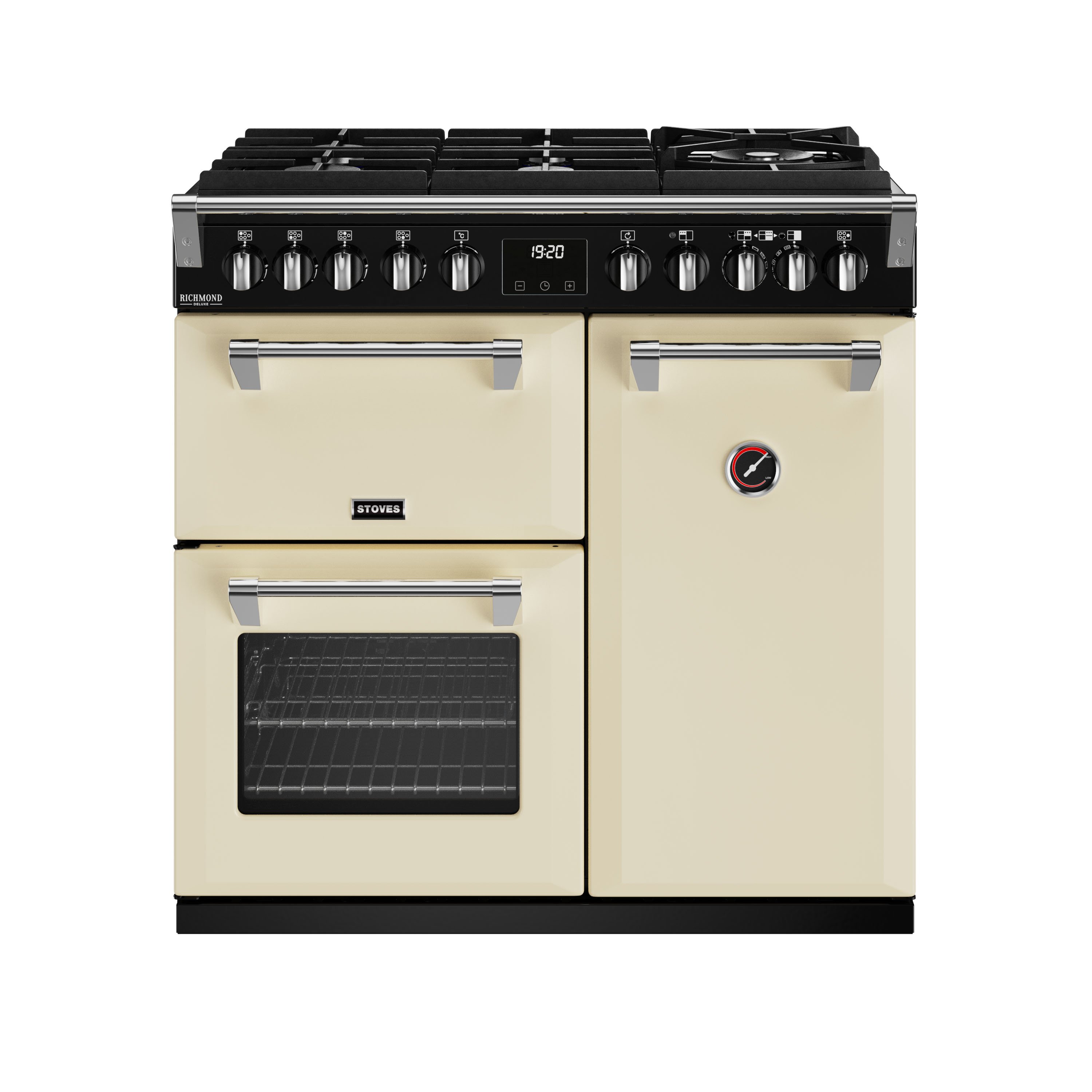 90cm dual fuel range cooker with a 5 burner Gas-Through-Glass hob, conventional oven & grill, multifunction main oven with TrueTemp digital thermostat, and tall fanned oven with PROFLEX™