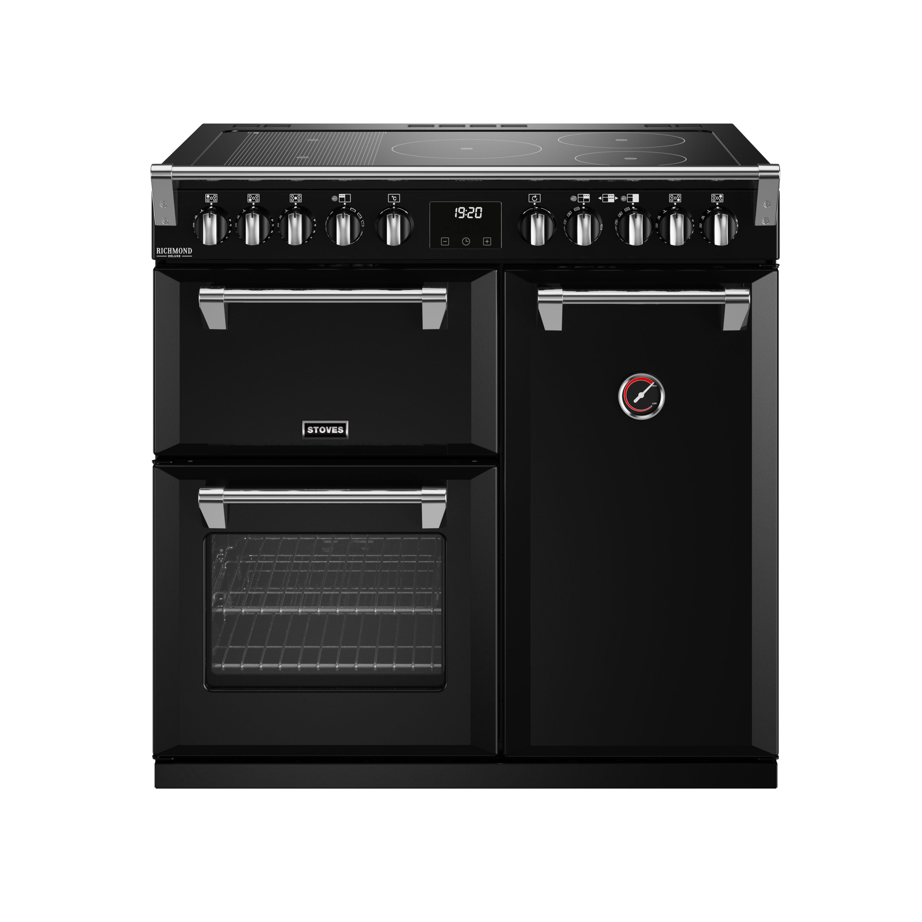 90cm electric induction range cooker with a 5 zone rotary contol hob, conventional oven & grill, multifunction main oven with TrueTemp digital thermostat, and tall fanned oven with PROFLEX™