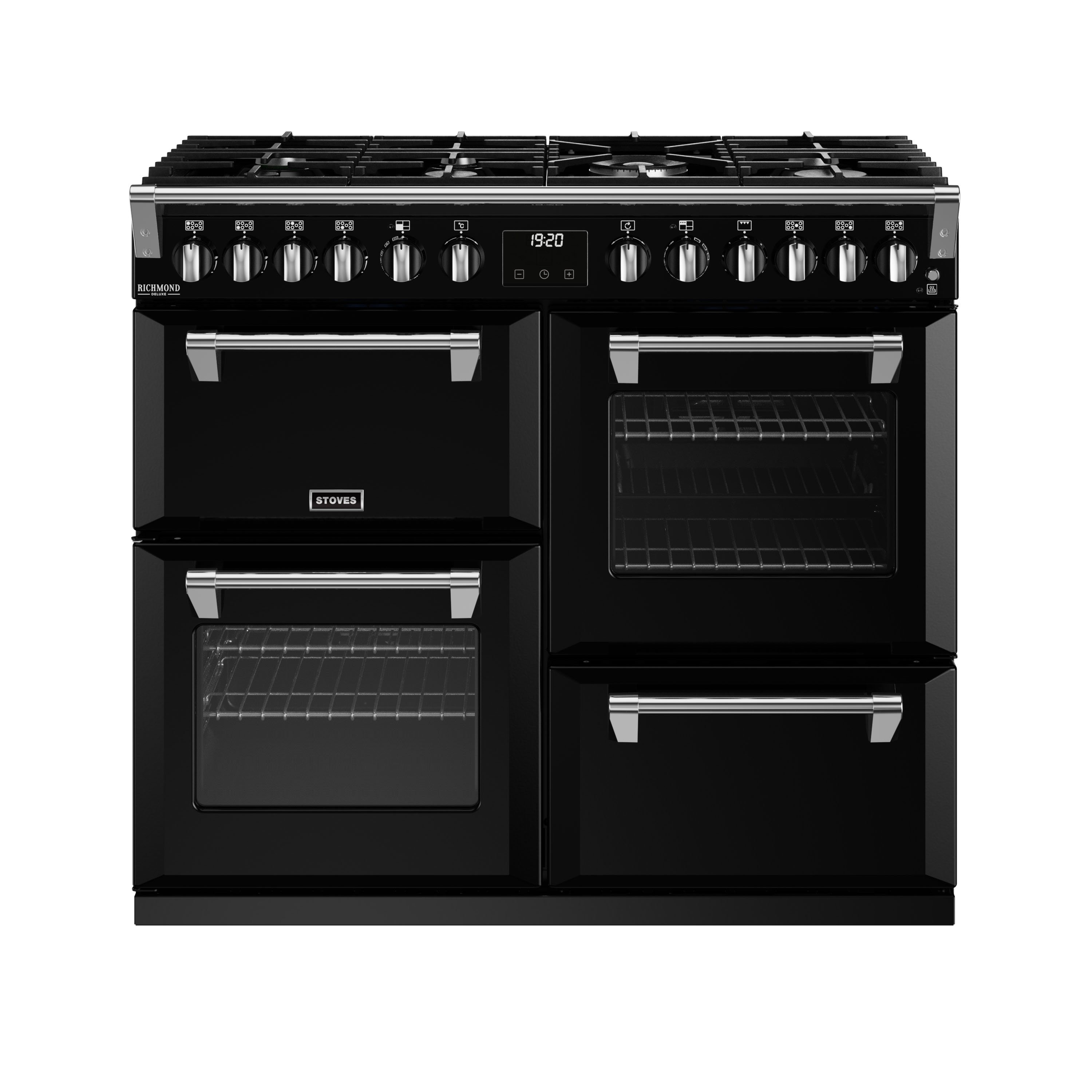 100cm dual fuel range cooker with a 7 burner gas hob, conventional oven & grill, multifunction main oven with TrueTemp digital thermostat, fanned second oven and dedicated slow cook oven