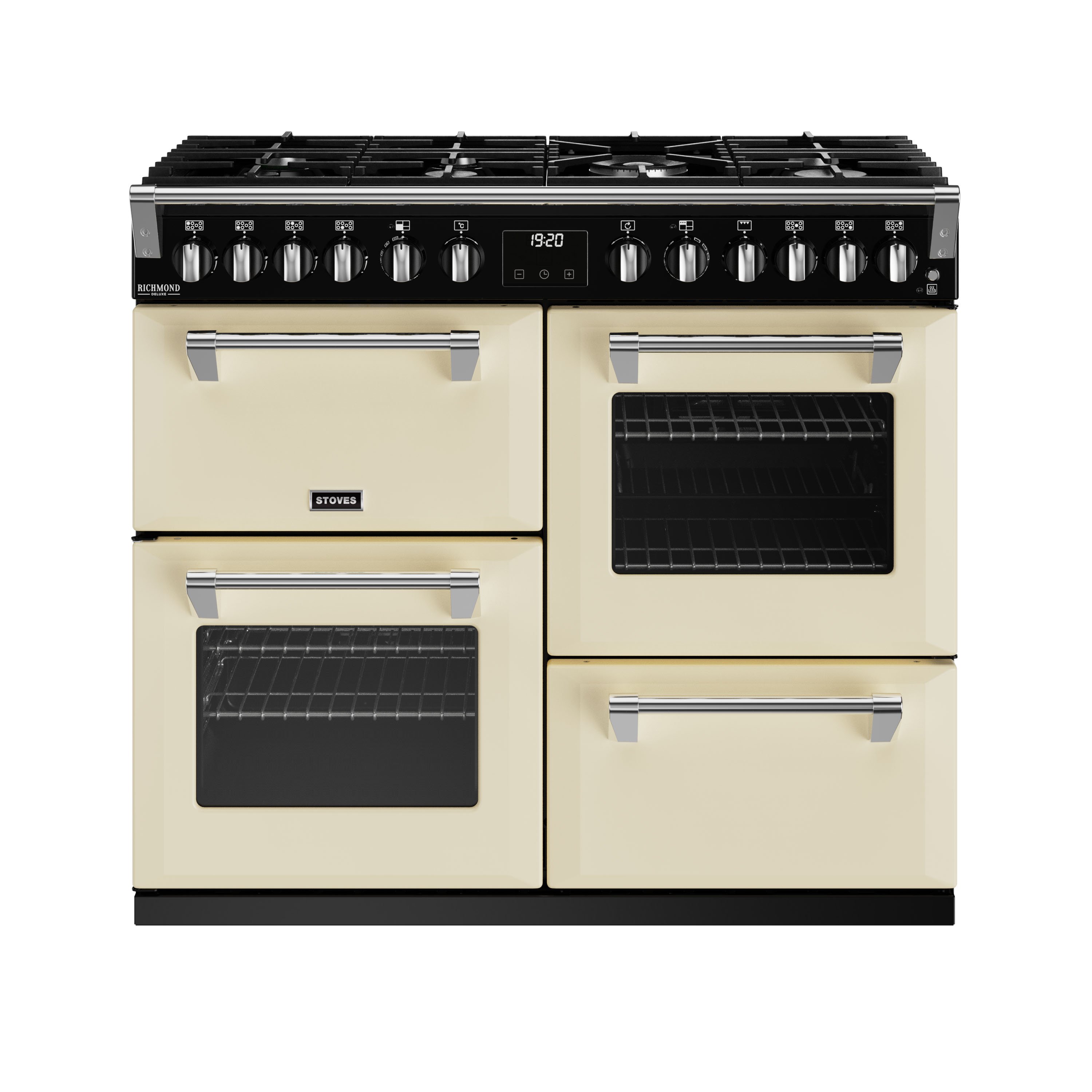 100cm dual fuel range cooker with a 7 burner gas hob, conventional oven & grill, multifunction main oven with TrueTemp digital thermostat, fanned second oven and dedicated slow cook oven