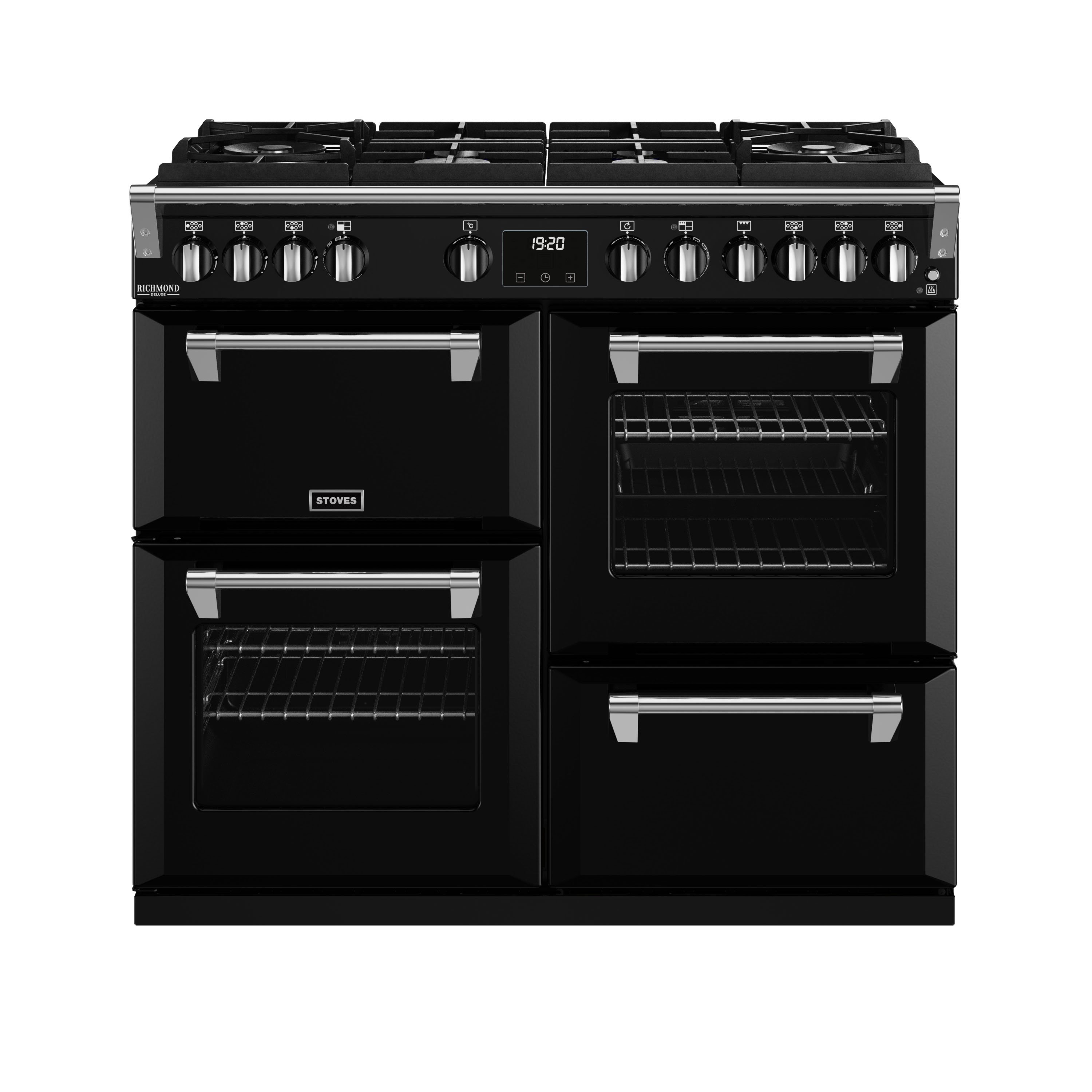 100cm dual fuel range cooker with a 6 burner Gas-Through-Glass hob, conventional oven & grill, multifunction main oven with TrueTemp digital thermostat, fanned second oven and dedicated slow cook oven
