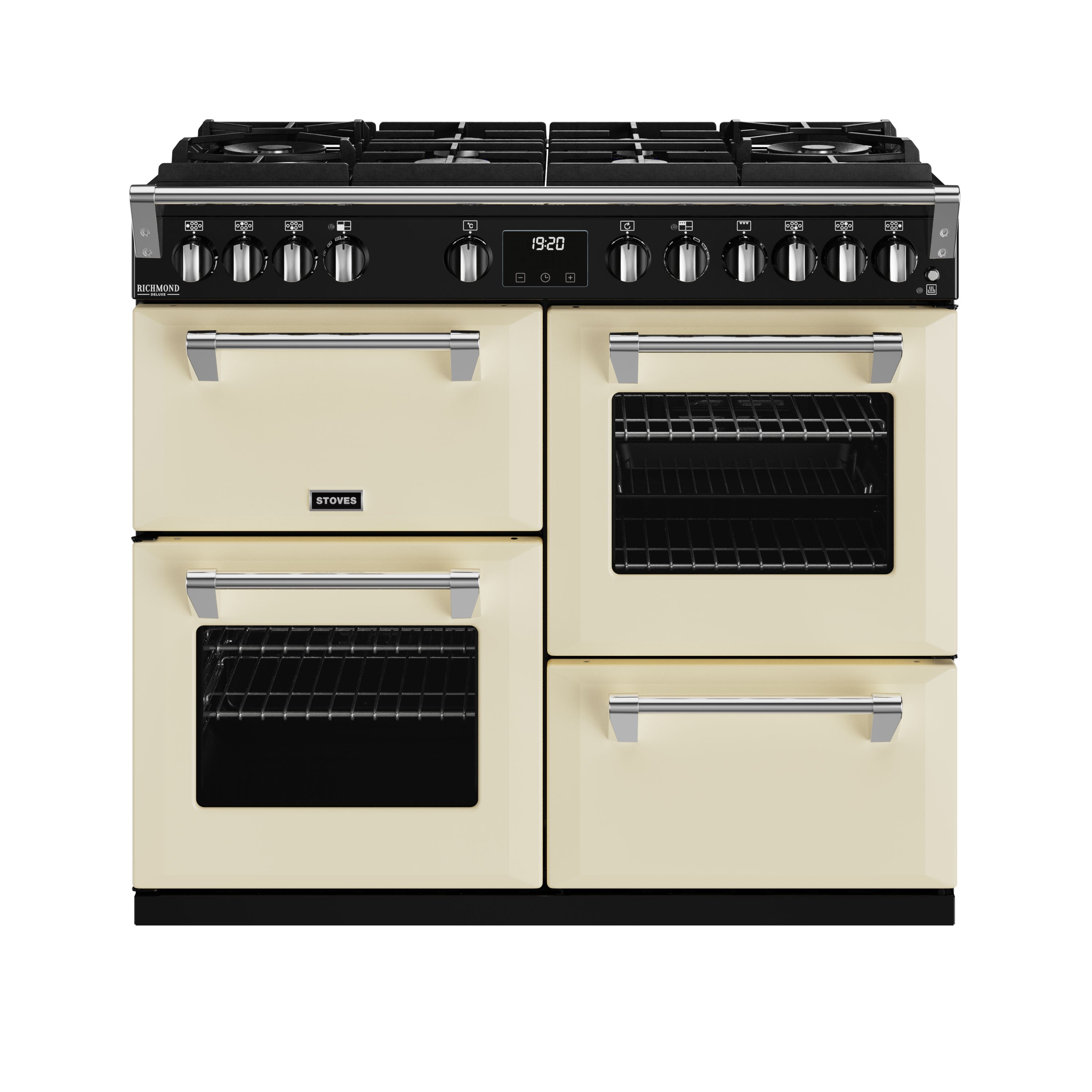 100cm dual fuel range cooker with a 6 burner Gas-Through-Glass hob, conventional oven & grill, multifunction main oven with TrueTemp digital thermostat, fanned second oven and dedicated slow cook oven