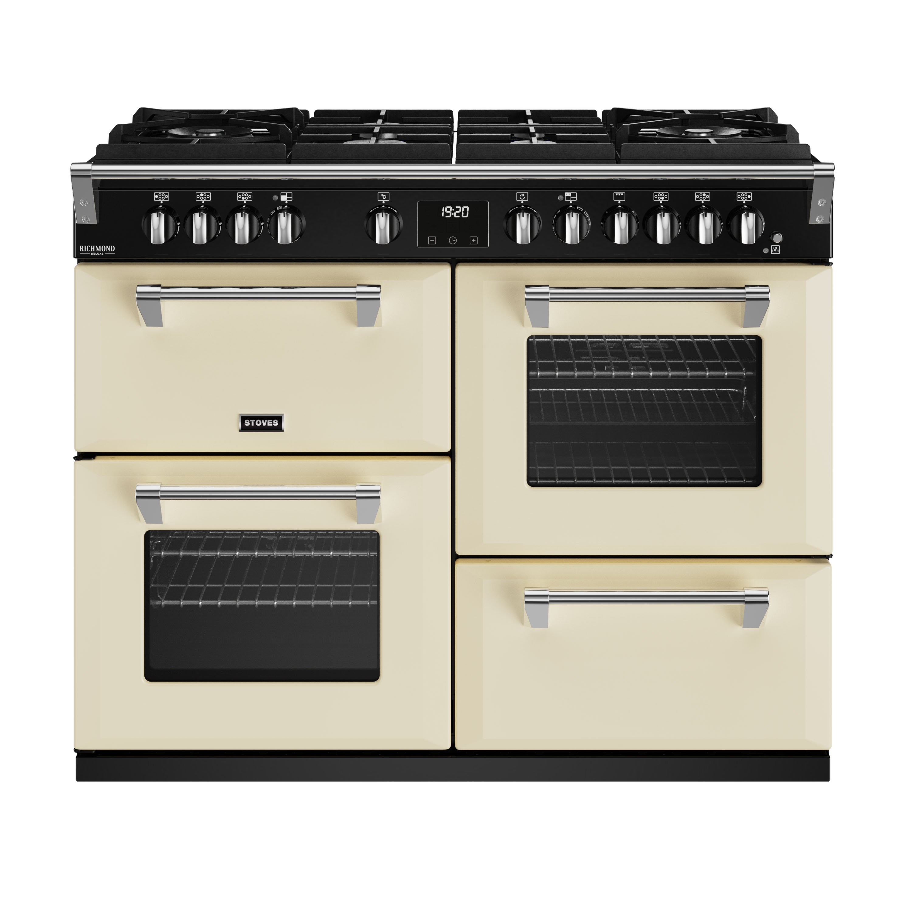 110cm dual fuel range cooker with a 6 burner Gas-Through-Glass hob, conventional oven & grill, multifunction main oven with TrueTemp digital thermostat, fanned second oven and dedicated slow cook oven