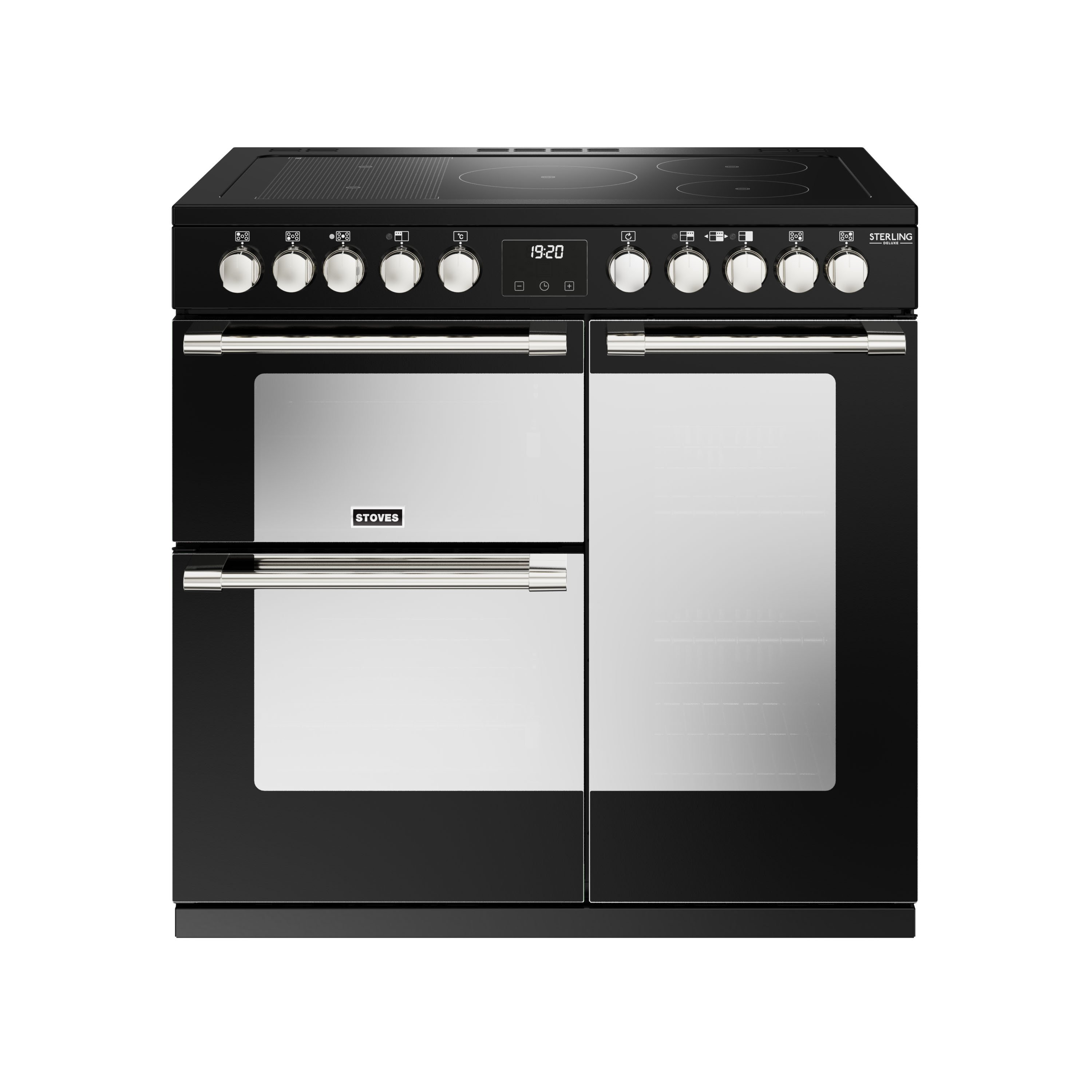 90cm electric induction range cooker with a 5 zone rotary contol hob, conventional oven & grill, multifunction main oven with TrueTemp digital thermostat, and tall fanned oven with PROFLEX™