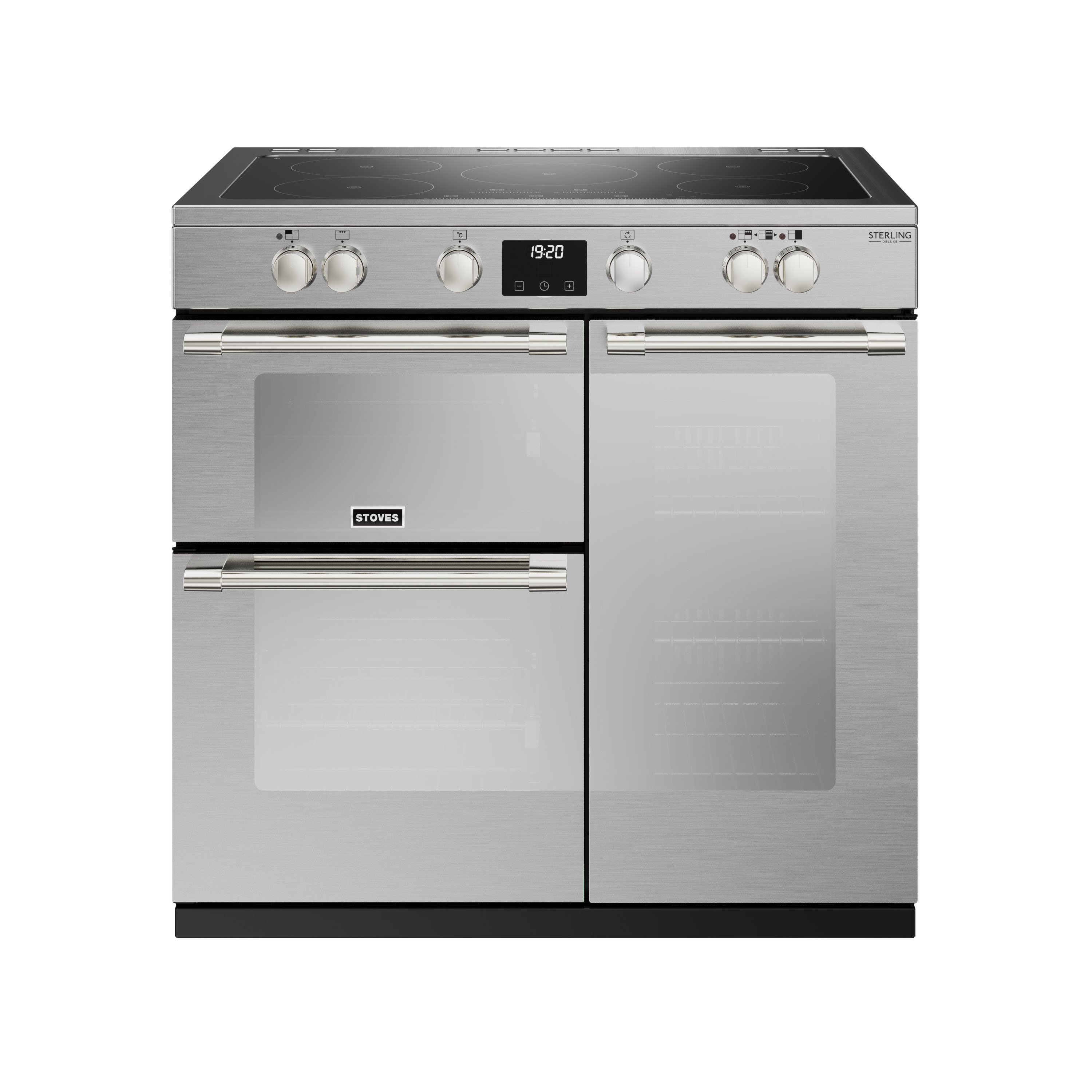 90cm electric induction range cooker with a 5 zone touch control hob, conventional oven & grill, multifunction main oven with TrueTemp digital thermostat, and tall fanned oven with PROFLEX™