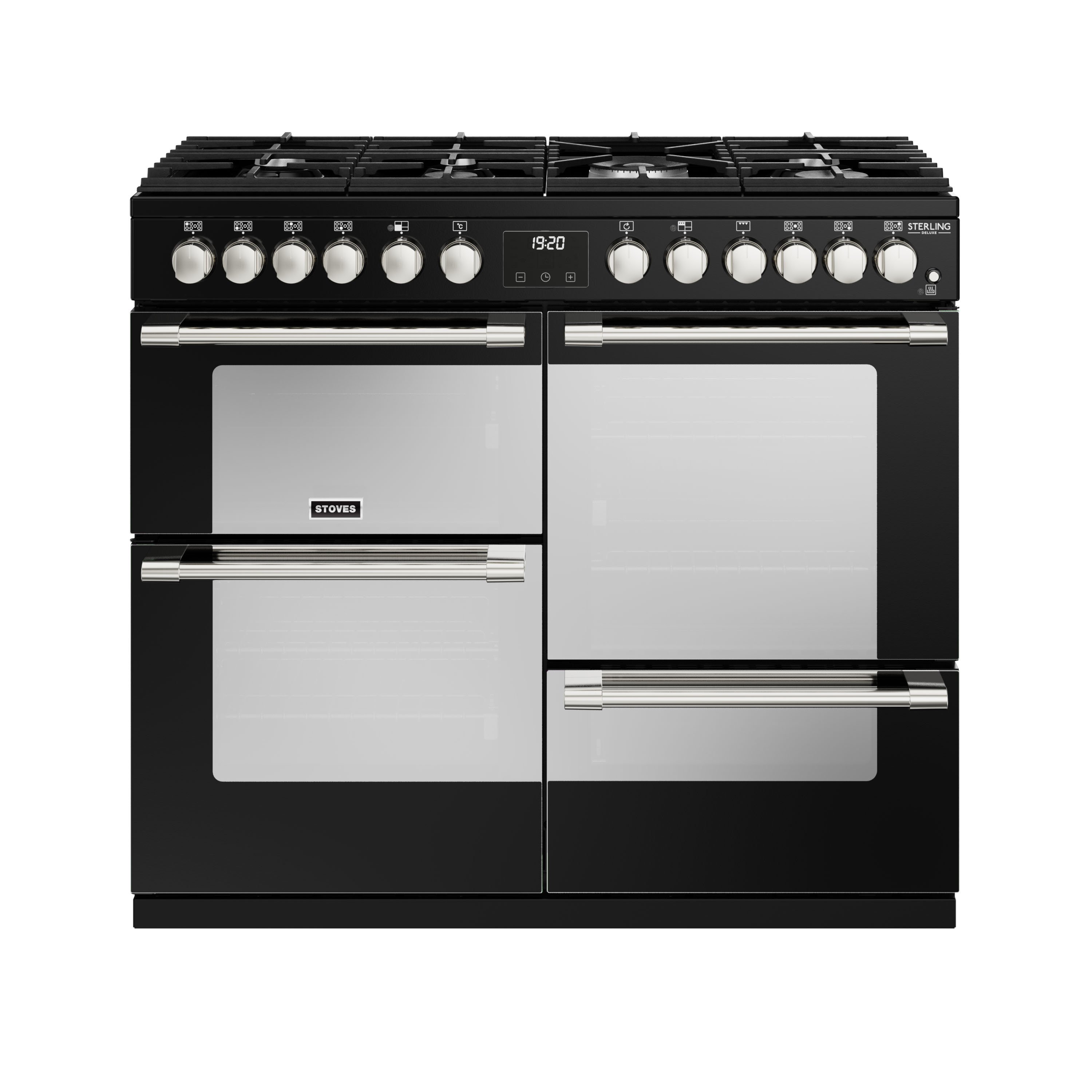 100cm dual fuel range cooker with a 7 burner gas hob, conventional oven & grill, multifunction main oven with TrueTemp digital thermostat, fanned second oven and dedicated slow cook oven