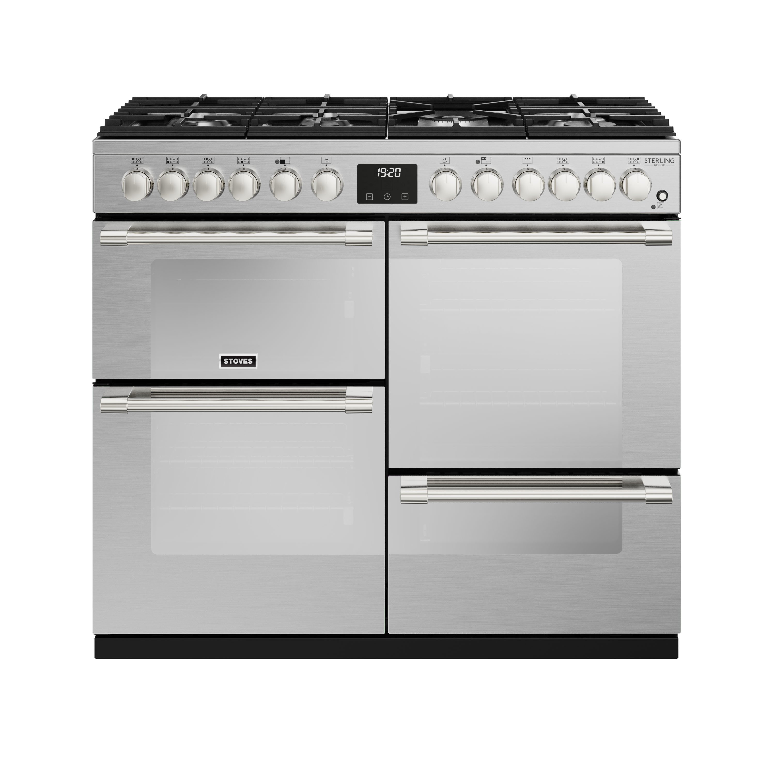 100cm dual fuel range cooker with a 7 burner gas hob, conventional oven & grill, multifunction main oven with TrueTemp digital thermostat, fanned second oven and dedicated slow cook oven