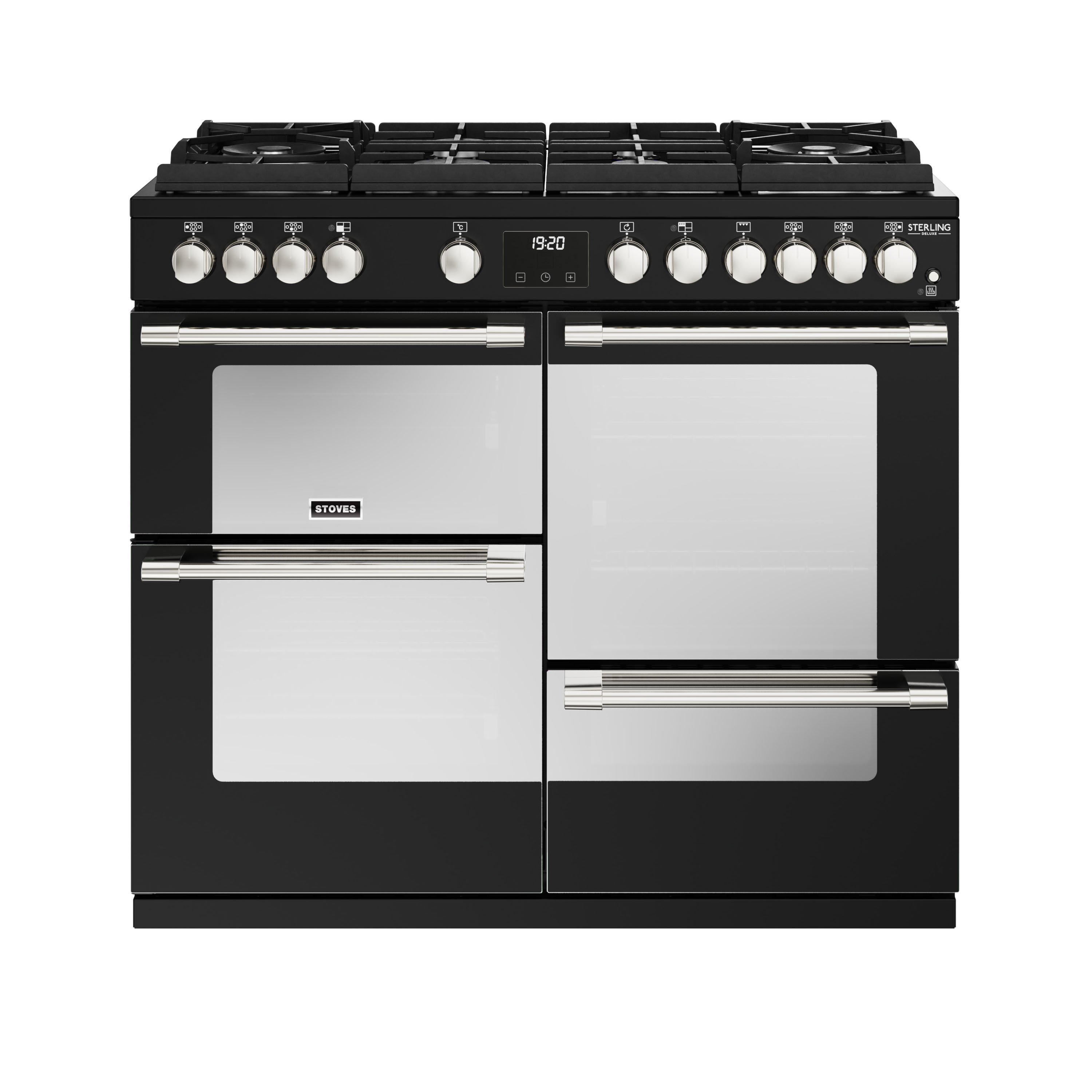 100cm dual fuel range cooker with a 6 burner Gas-Through-Glass hob, conventional oven & grill, multifunction main oven with TrueTemp digital thermostat, fanned second oven and dedicated slow cook oven