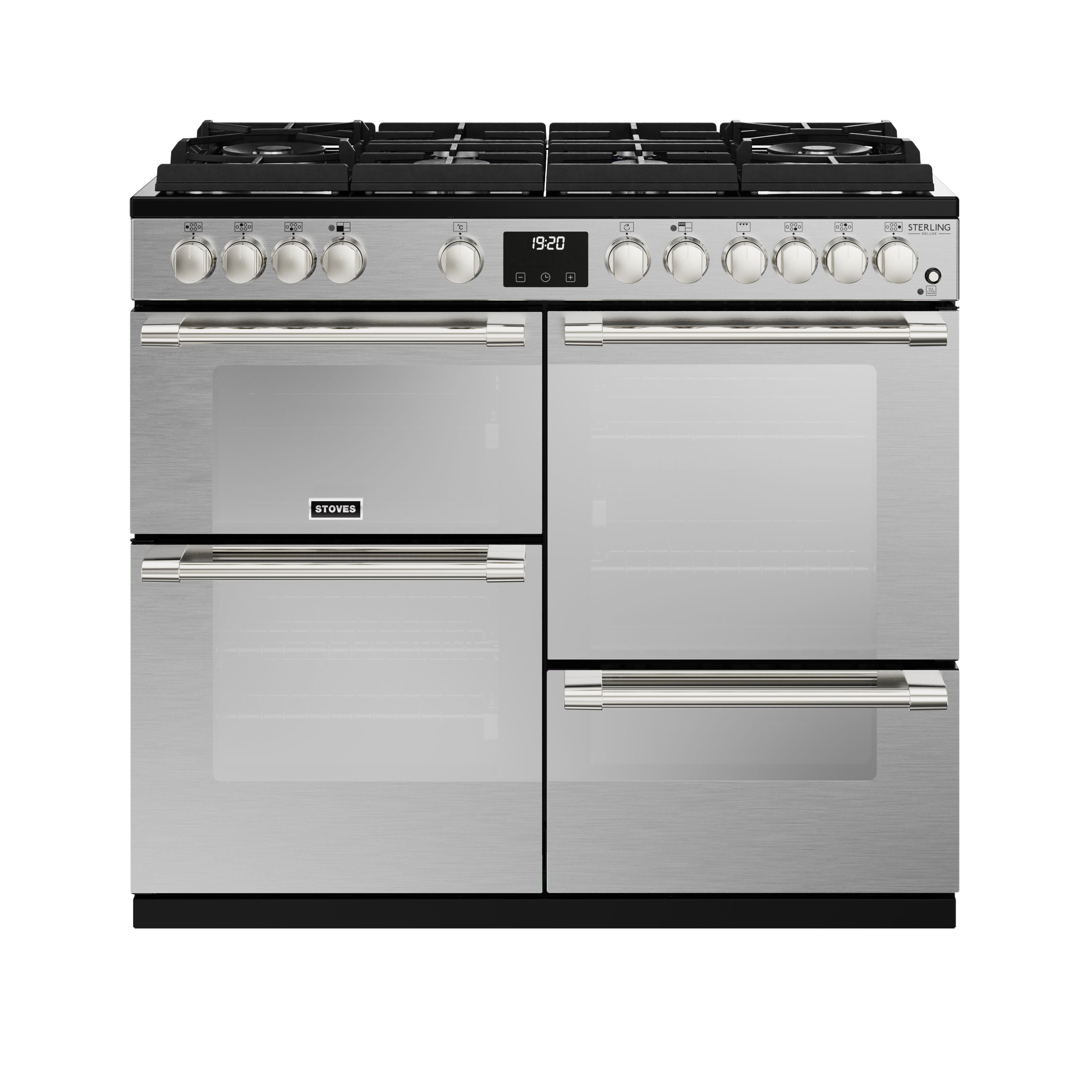 100cm dual fuel range cooker with a 6 burner Gas-Through-Glass hob, conventional oven & grill, multifunction main oven with TrueTemp digital thermostat, fanned second oven and dedicated slow cook oven