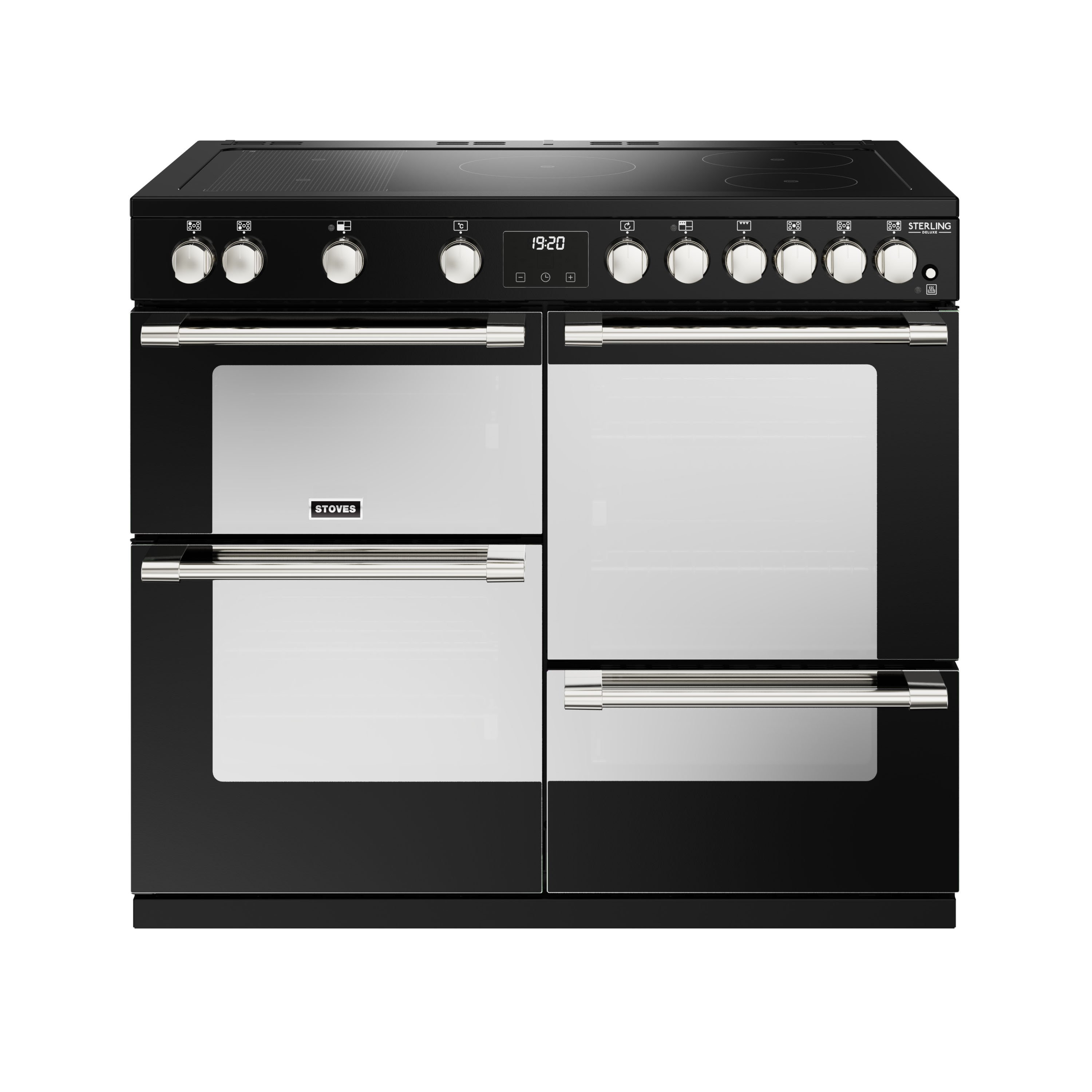100cm electric induction range cooker with a 5 zone rotary control hob, conventional oven & grill, multifunction main oven with TrueTemp digital thermostat, fanned second oven and dedicated slow cook oven
