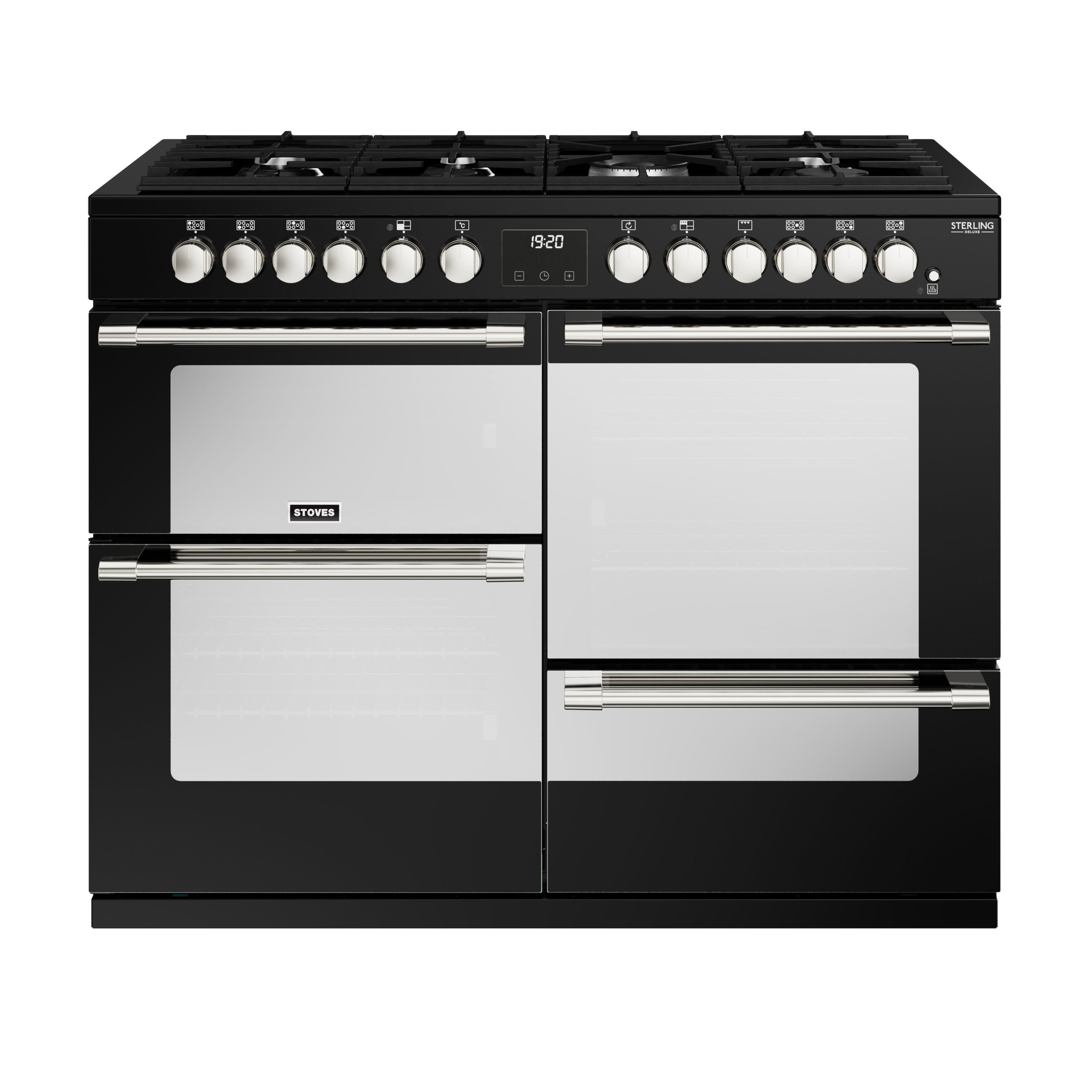 110cm dual fuel range cooker with a 7 burner gas hob, conventional oven & grill, multifunction main oven with TrueTemp digital thermostat, fanned second oven and dedicated slow cook oven