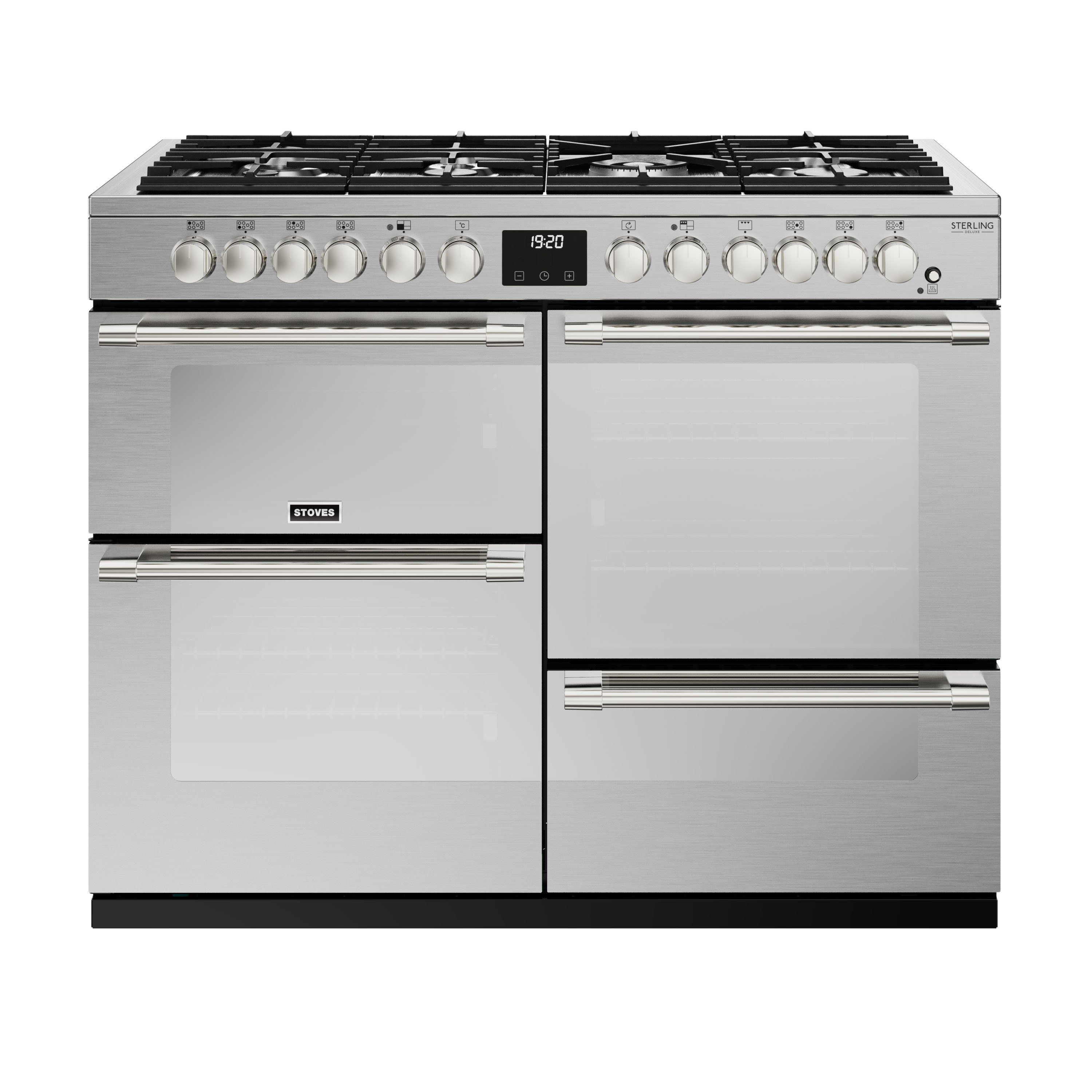110cm dual fuel range cooker with a 7 burner gas hob, conventional oven & grill, multifunction main oven with TrueTemp digital thermostat, fanned second oven and dedicated slow cook oven