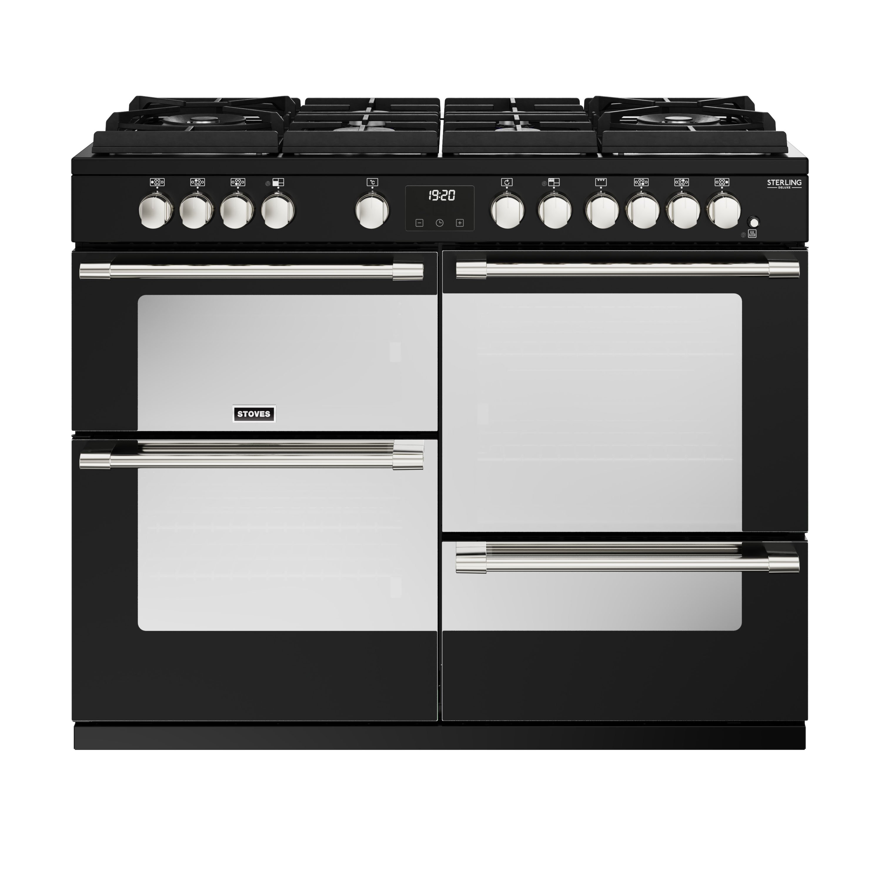 110cm dual fuel range cooker with a 6 burner Gas-Through-Glass hob, conventional oven & grill, multifunction main oven with TrueTemp digital thermostat, fanned second oven and dedicated slow cook oven