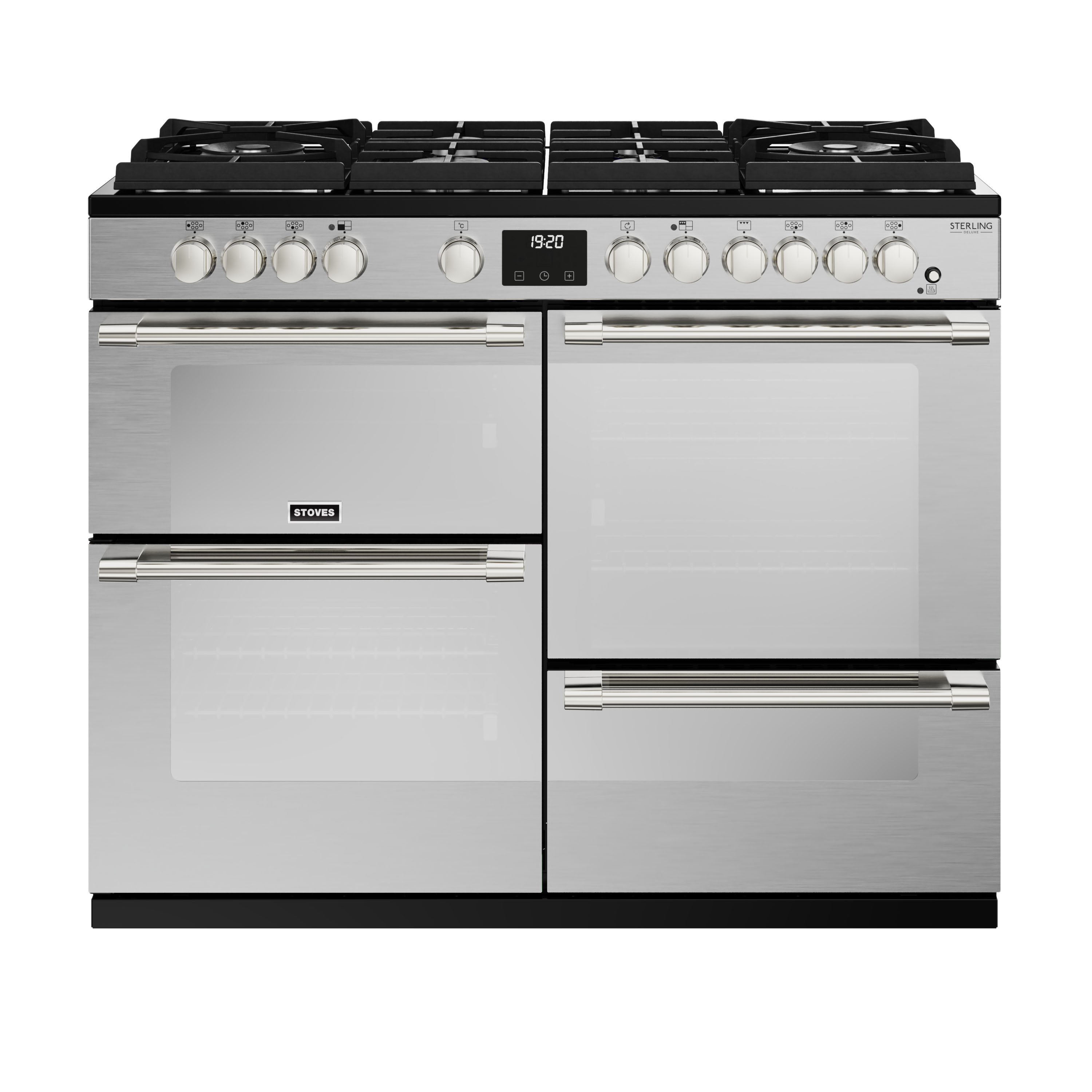 110cm dual fuel range cooker with a 6 burner Gas-Through-Glass hob, conventional oven & grill, multifunction main oven with TrueTemp digital thermostat, fanned second oven and dedicated slow cook oven