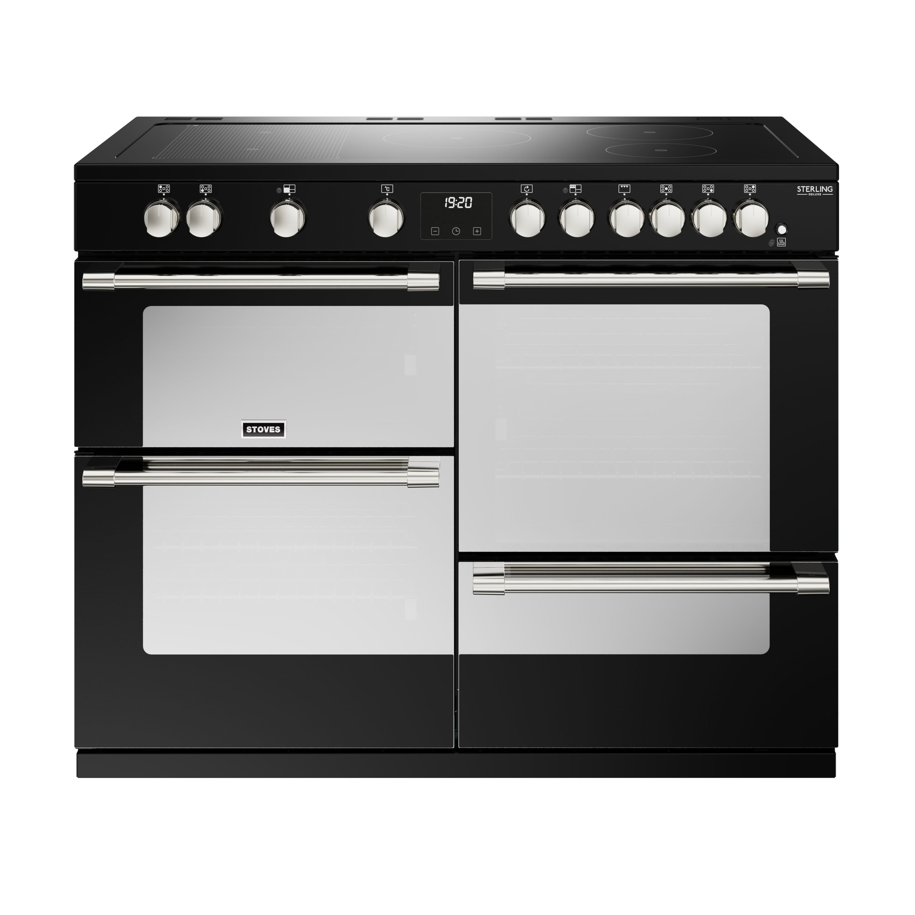 110cm electric induction range cooker with a 5 zone rotary control hob, conventional oven & grill, multifunction main oven with TrueTemp digital thermostat, fanned second oven and dedicated slow cook oven