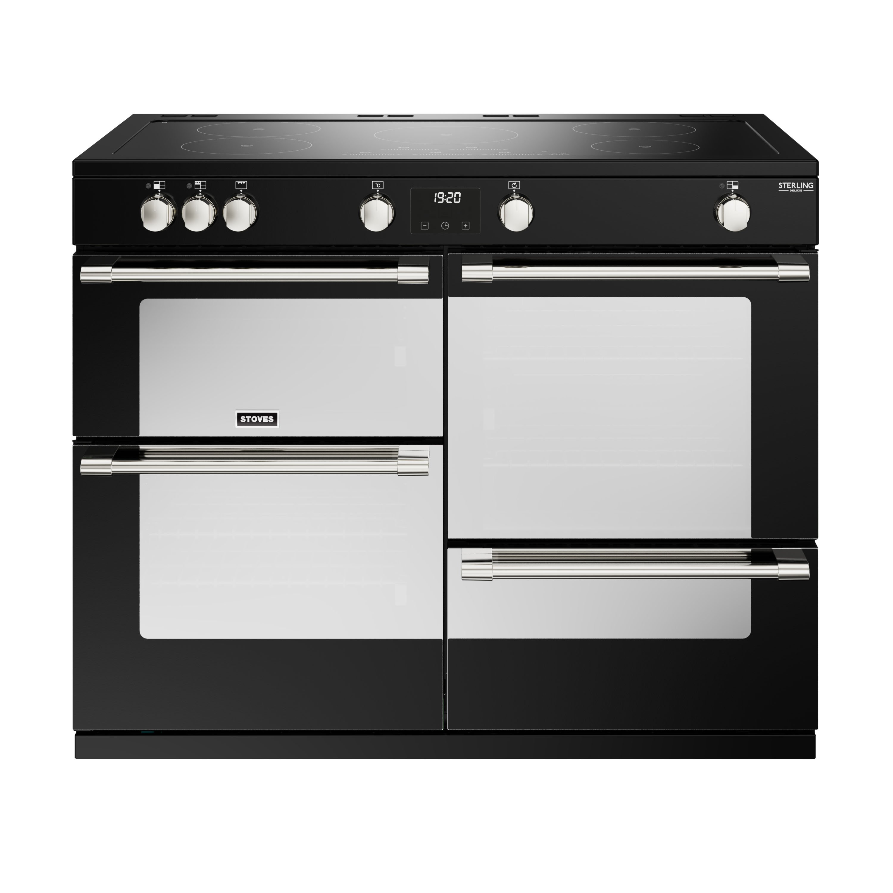 110cm electric induction range cooker with a 5 zone touch control hob, conventional oven & grill, multifunction main oven with TrueTemp digital thermostat, fanned second oven and dedicated slow cook oven