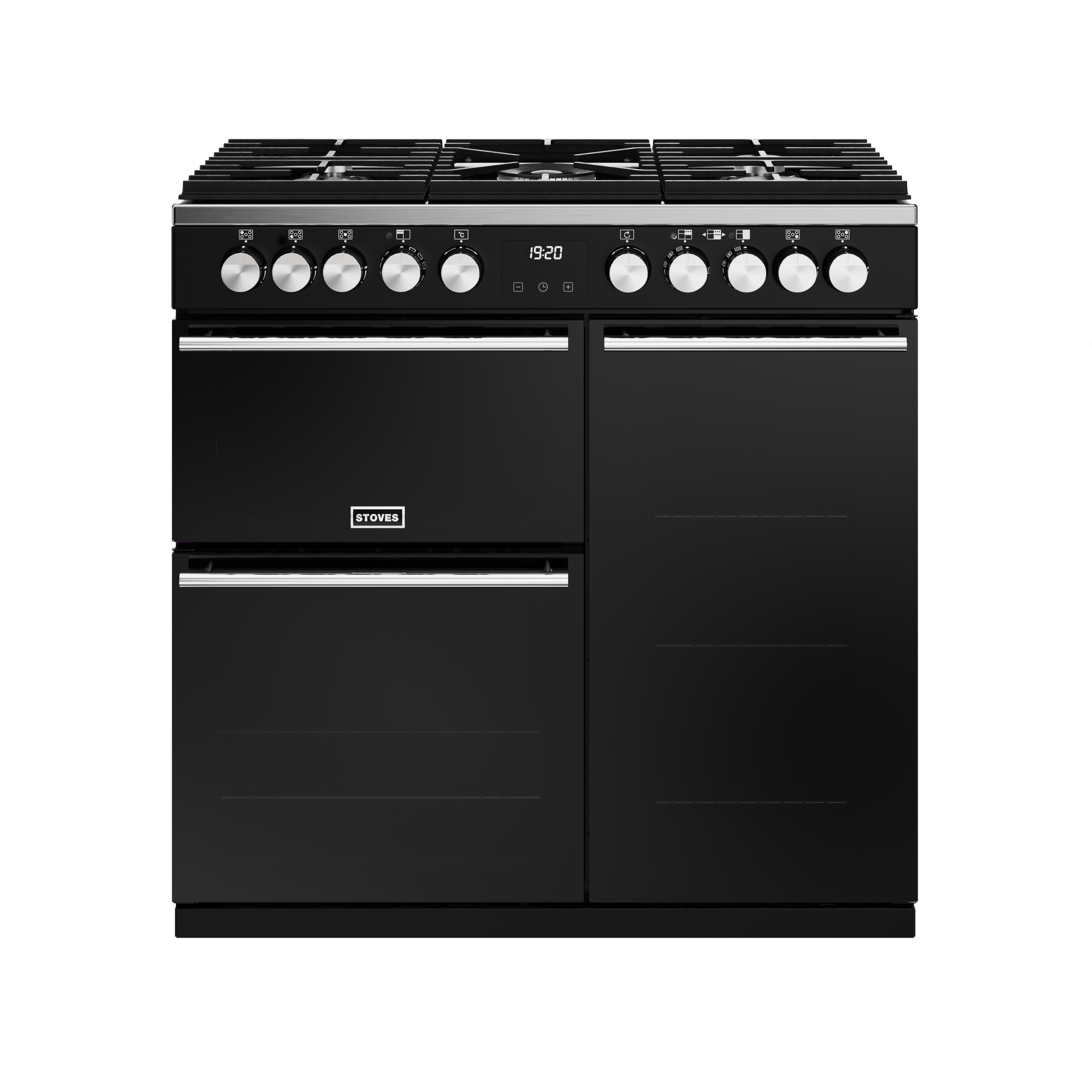 90cm dual fuel range cooker with a 5 burner gas hob, conventional oven & grill, multifunction main oven with TrueTemp digital thermostat, and tall fanned oven with PROFLEX™