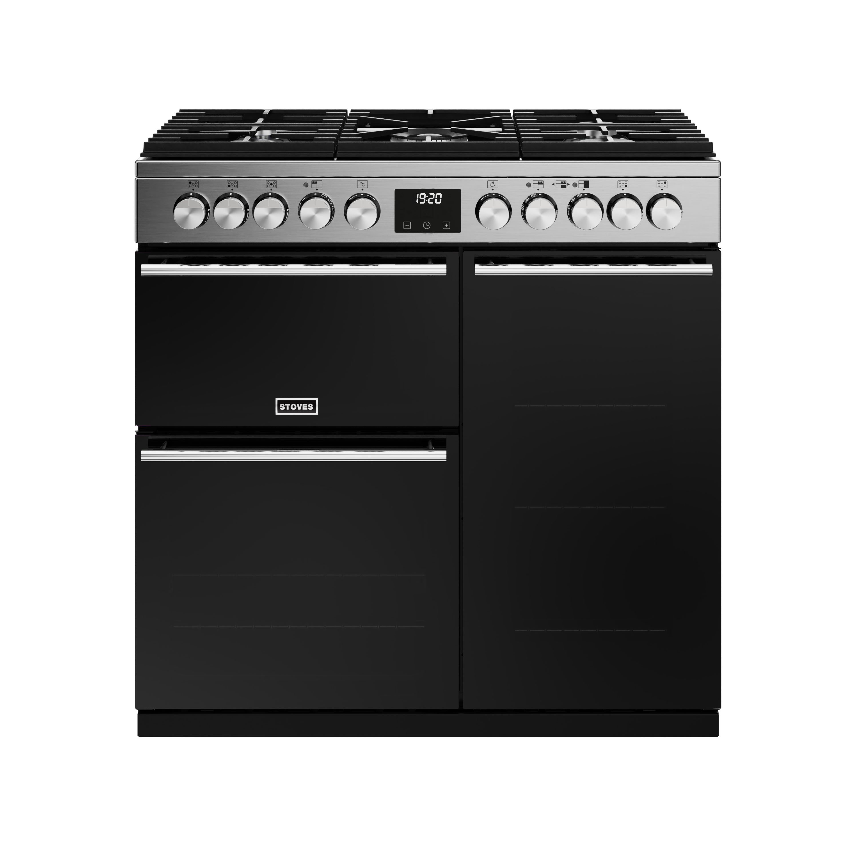 90cm dual fuel range cooker with a 5 burner gas hob, conventional oven & grill, multifunction main oven with TrueTemp digital thermostat, and tall fanned oven with PROFLEX™