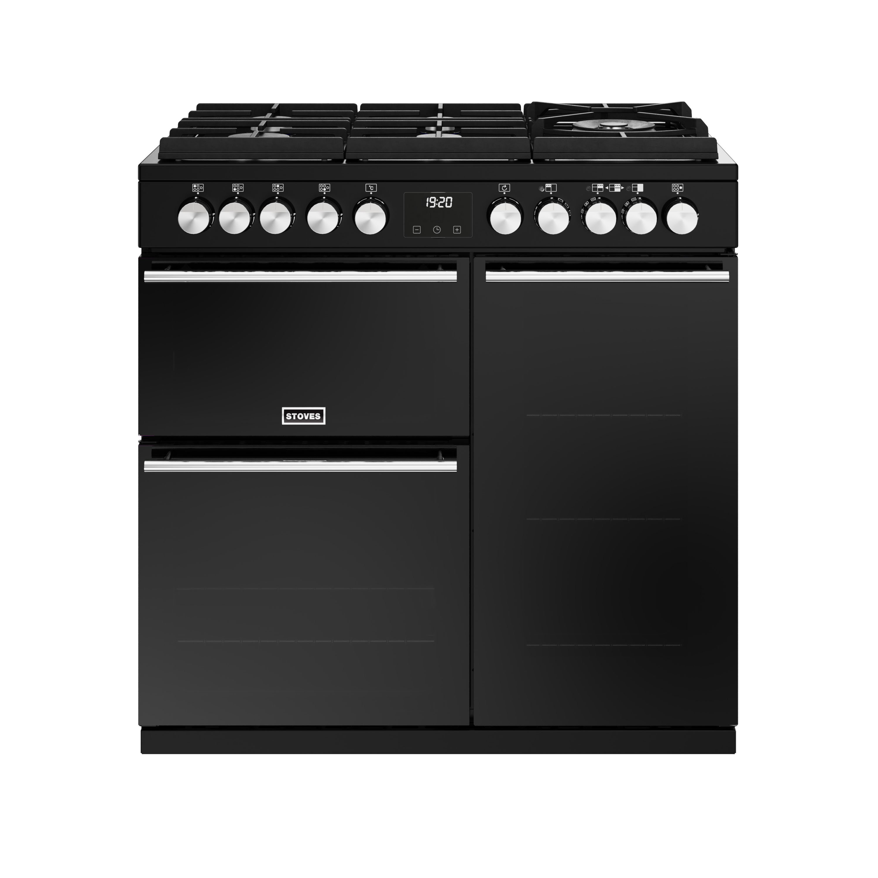 90cm dual fuel range cooker with a 5 burner Gas-Through-Glass hob, conventional oven & grill, multifunction main oven with TrueTemp digital thermostat, and tall fanned oven with PROFLEX™