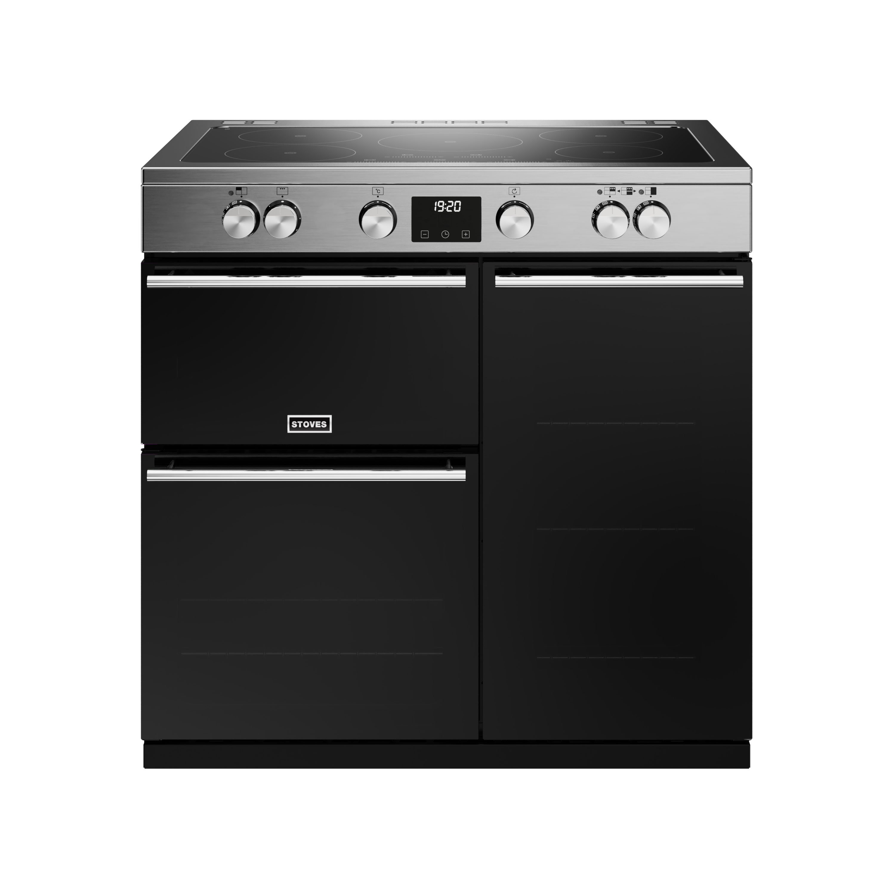 90cm electric induction range cooker with a 5 zone touch control hob, conventional oven & grill, multifunction main oven with TrueTemp digital thermostat, and tall fanned oven with PROFLEX™