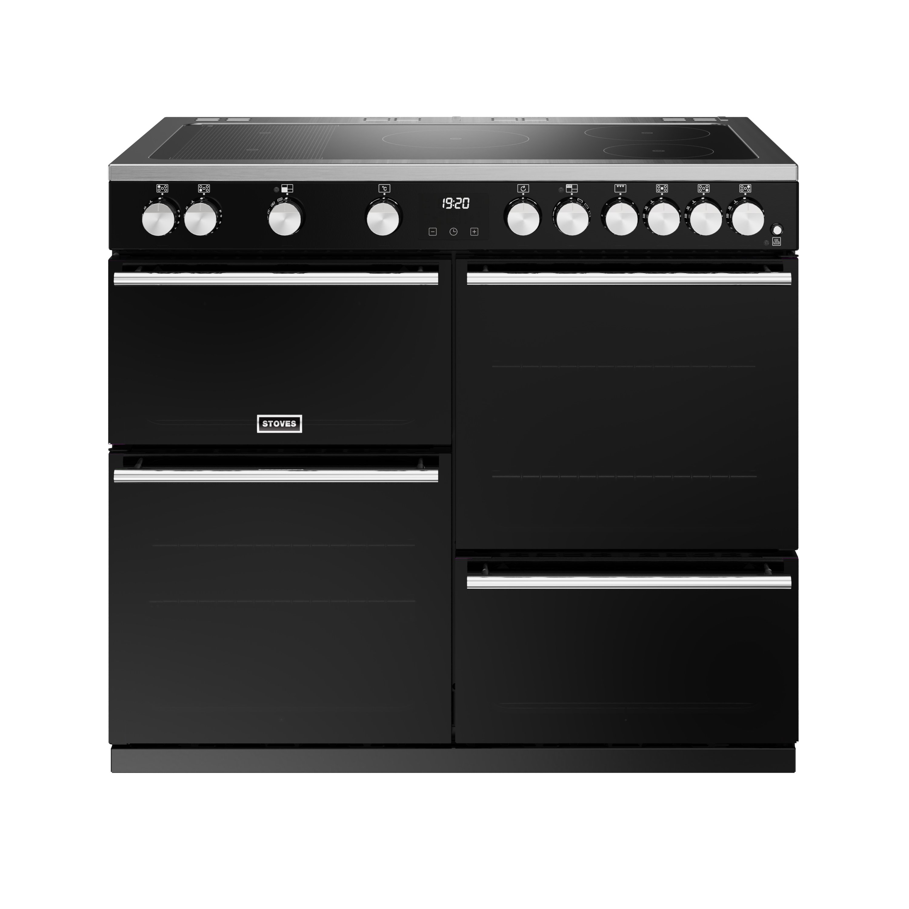 100cm electric induction range cooker with a 5 zone rotary control hob, conventional oven & grill, multifunction main oven with TrueTemp digital thermostat, fanned second oven and dedicated slow cook oven