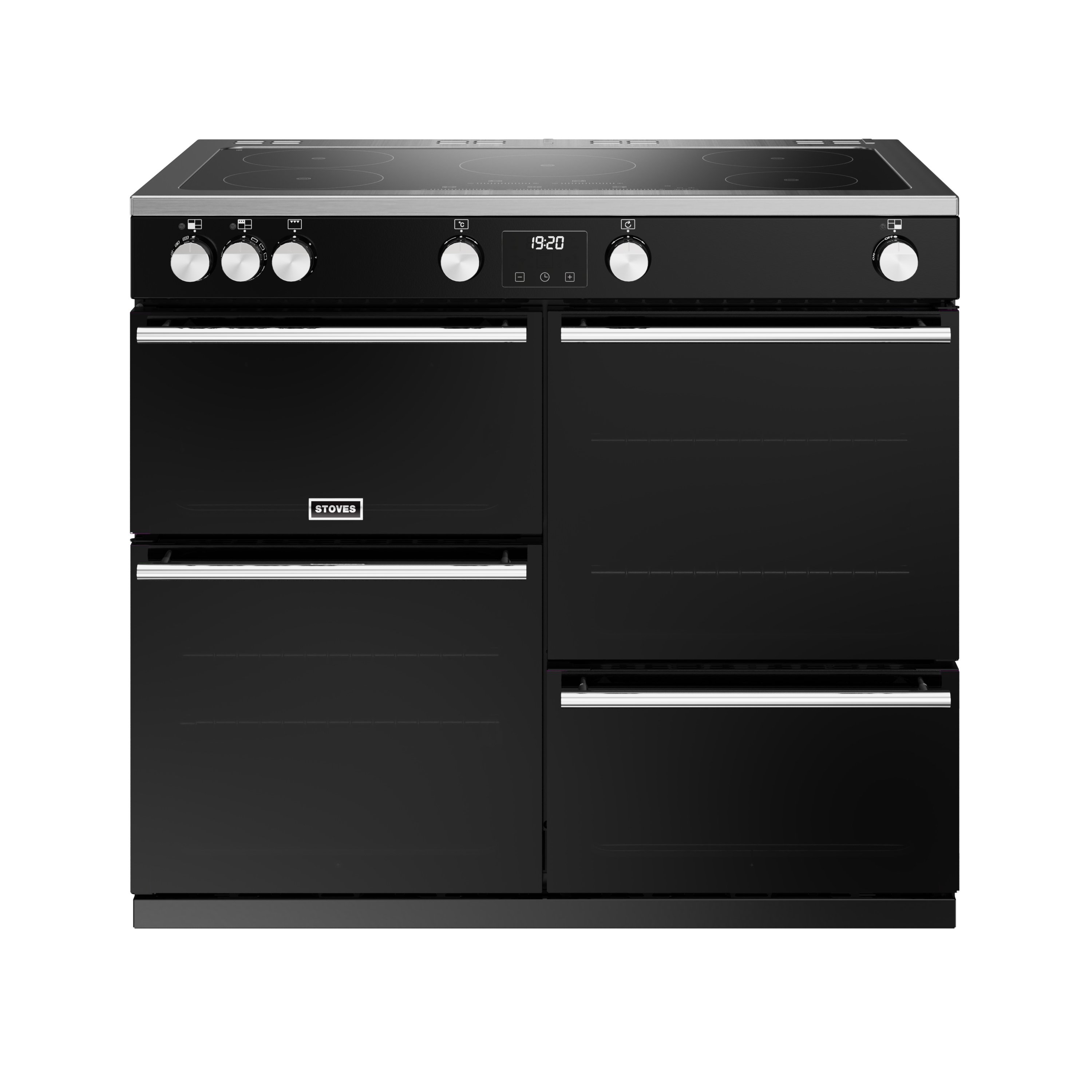 100cm electric induction range cooker with a 5 zone touch control hob, conventional oven & grill, multifunction main oven with TrueTemp digital thermostat, fanned second oven and dedicated slow cook oven