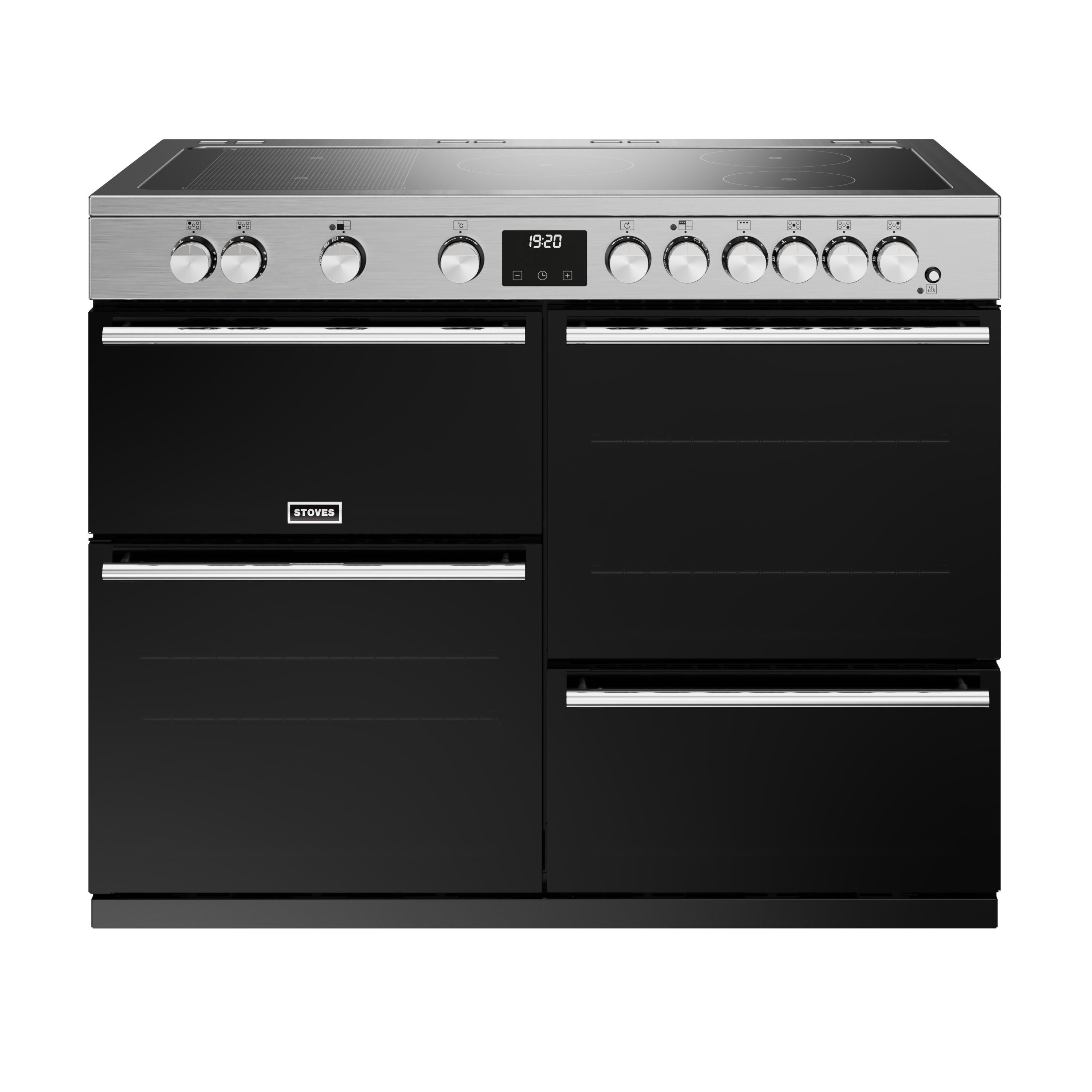110cm electric induction range cooker with a 5 zone rotary control hob, conventional oven & grill, multifunction main oven with TrueTemp™ digital thermostat, fanned second oven and dedicated slow cook oven