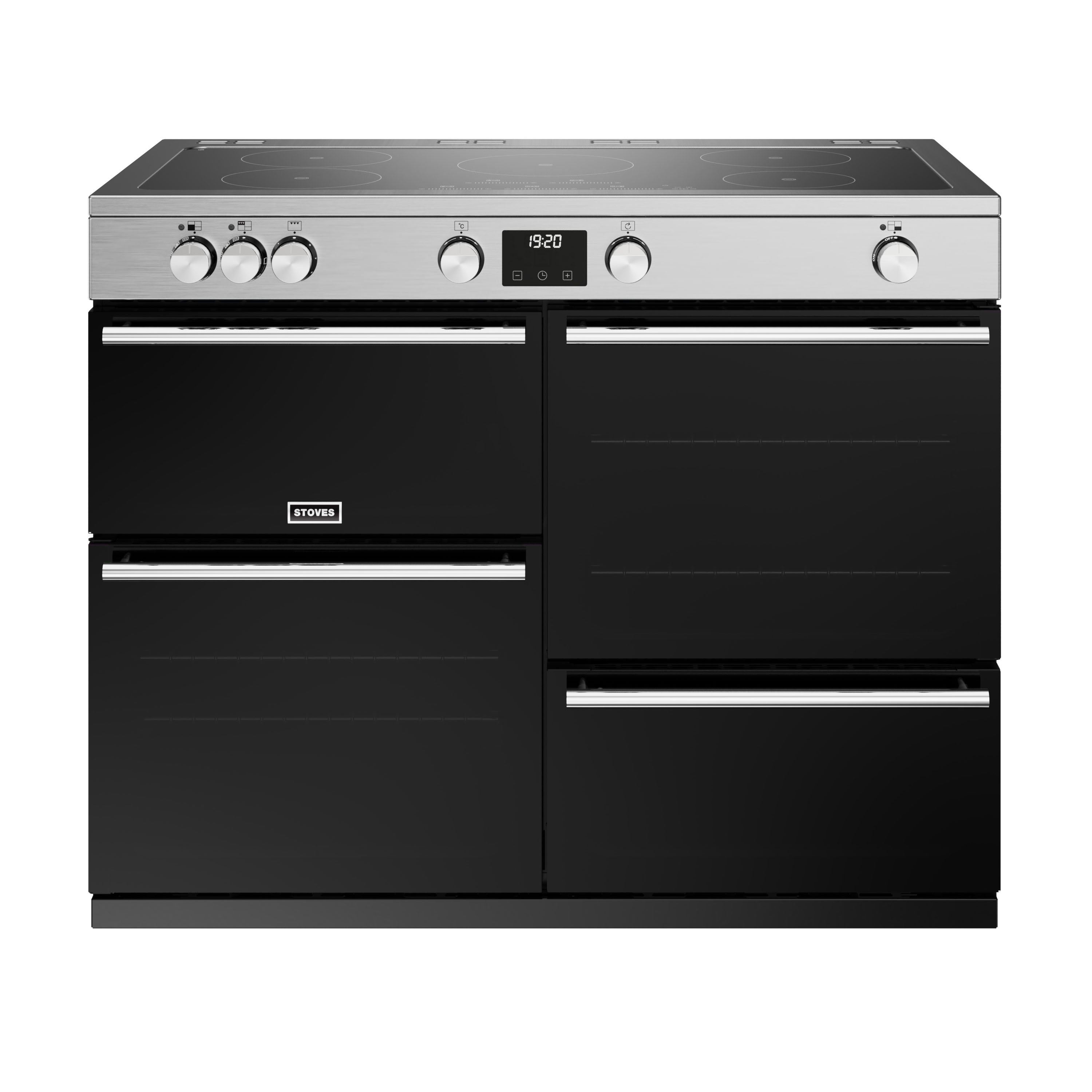 110cm electric induction range cooker with a 5 zone touch control hob, conventional oven & grill, multifunction main oven with TrueTemp digital thermostat, fanned second oven and dedicated slow cook oven