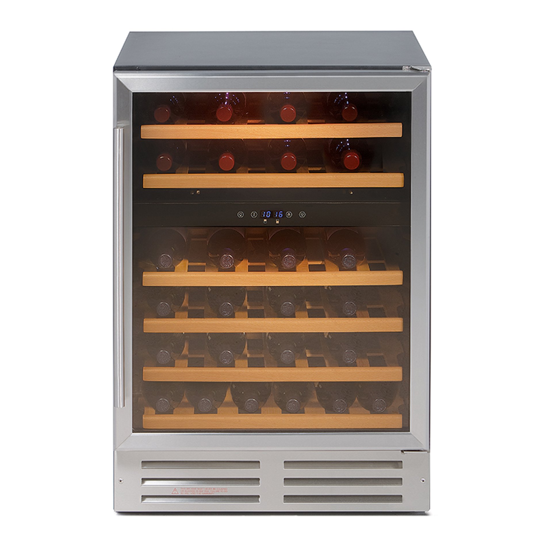 600mm integrated wine cooler offers ample space for 46 bottles of wine. Additional features include easy to use controls, 6 wooden shelves and adjustable thermostat.