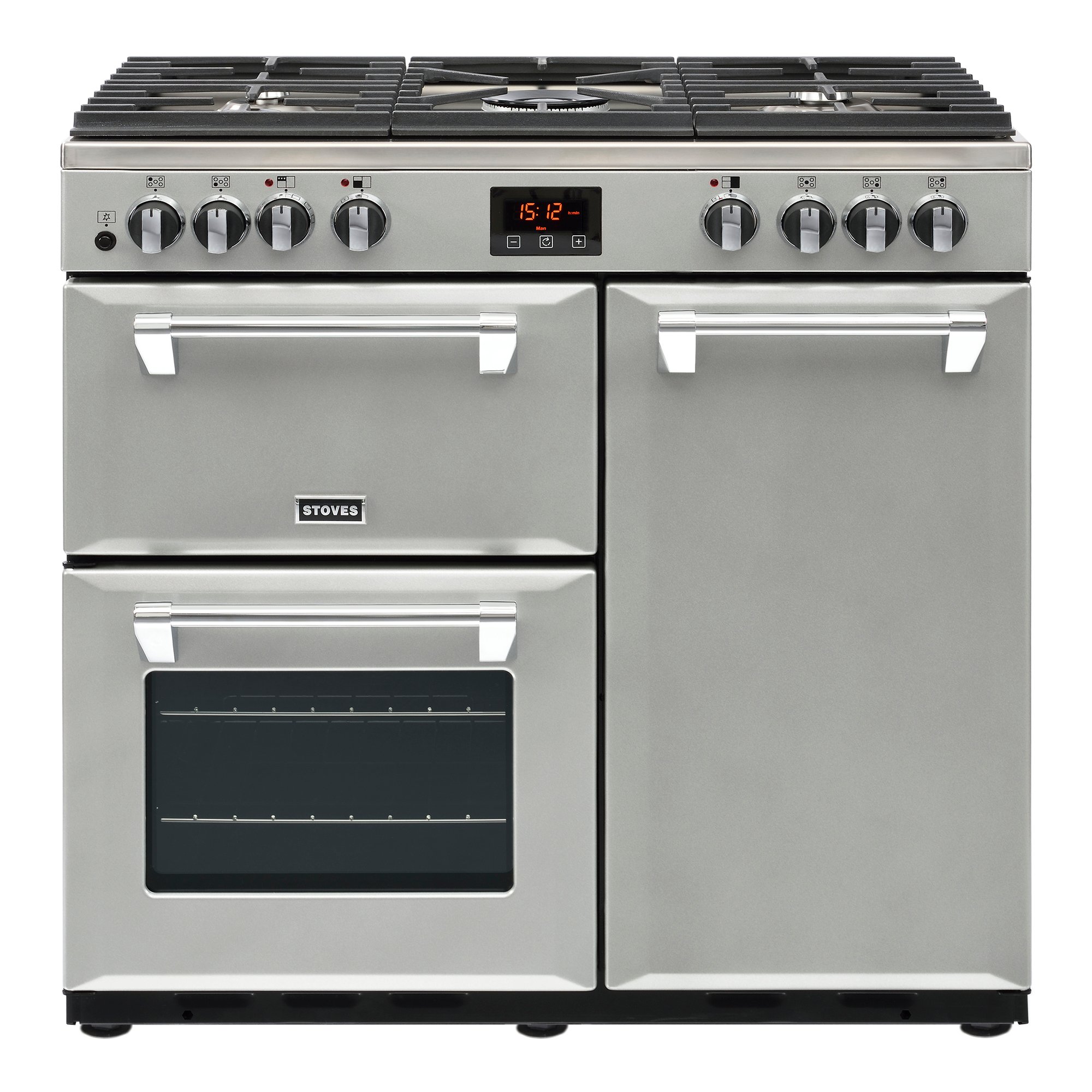 90cm dual fuel range cooker with cast iron supports, automatic ignition, market leading tall oven & easy clean enamel. A/A/A energy rating.