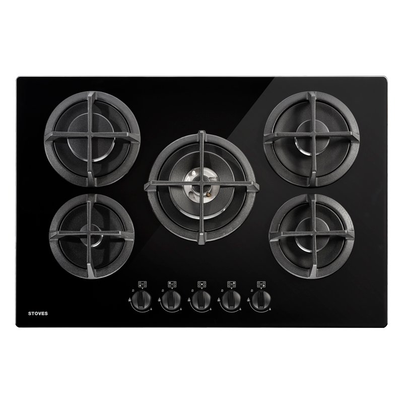 75cm built-in gas through glass hob offers 5 gas burners. Additional features include cast iron pan supports, automatic ignition, front rotary controls, flame safety device and easy clean surface.