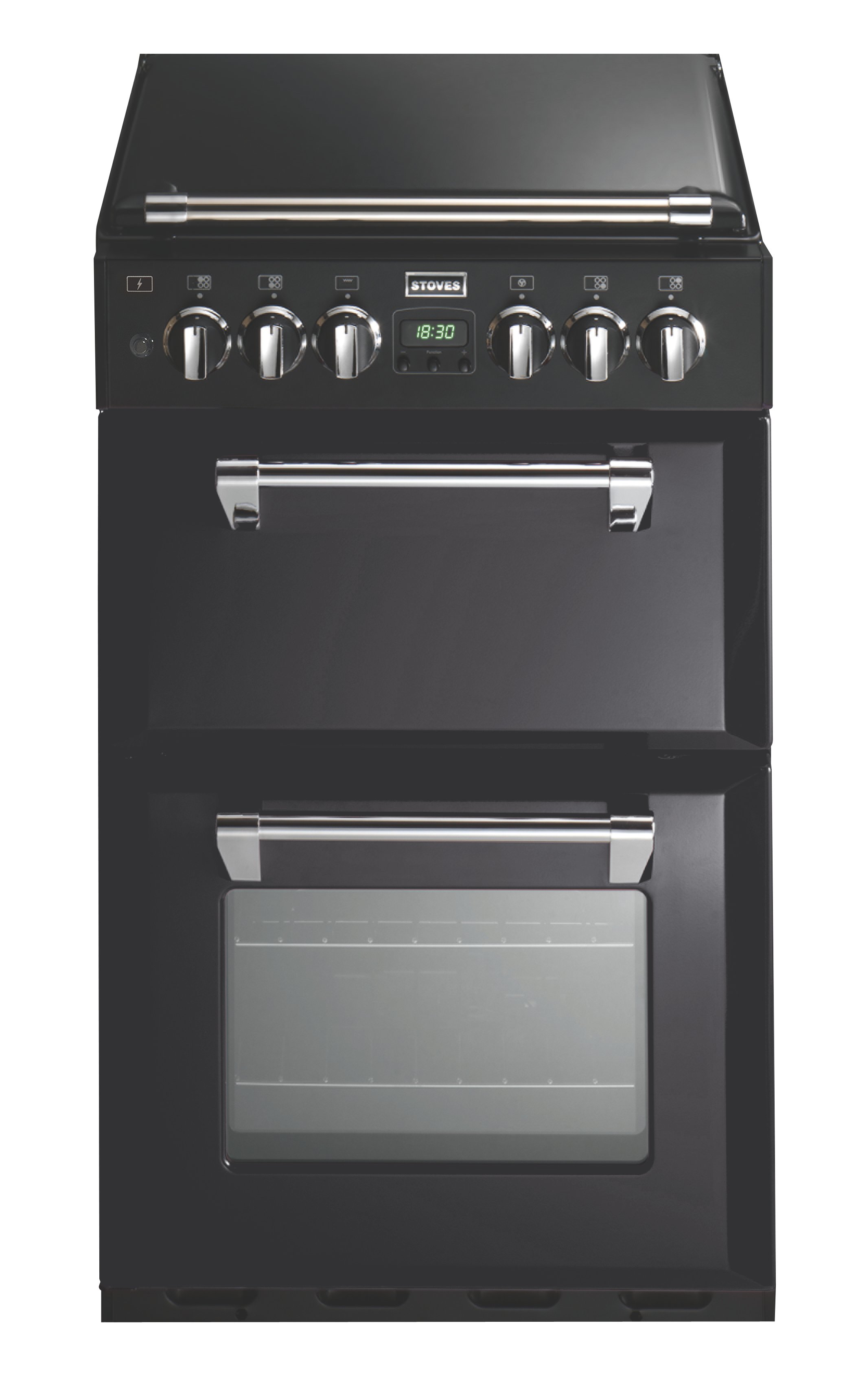 55cm dual fuel double oven offers a programmable timer, defrost and dough proving functions, a powerful Wok burner and cast iron pan supports. A/A energy rating.