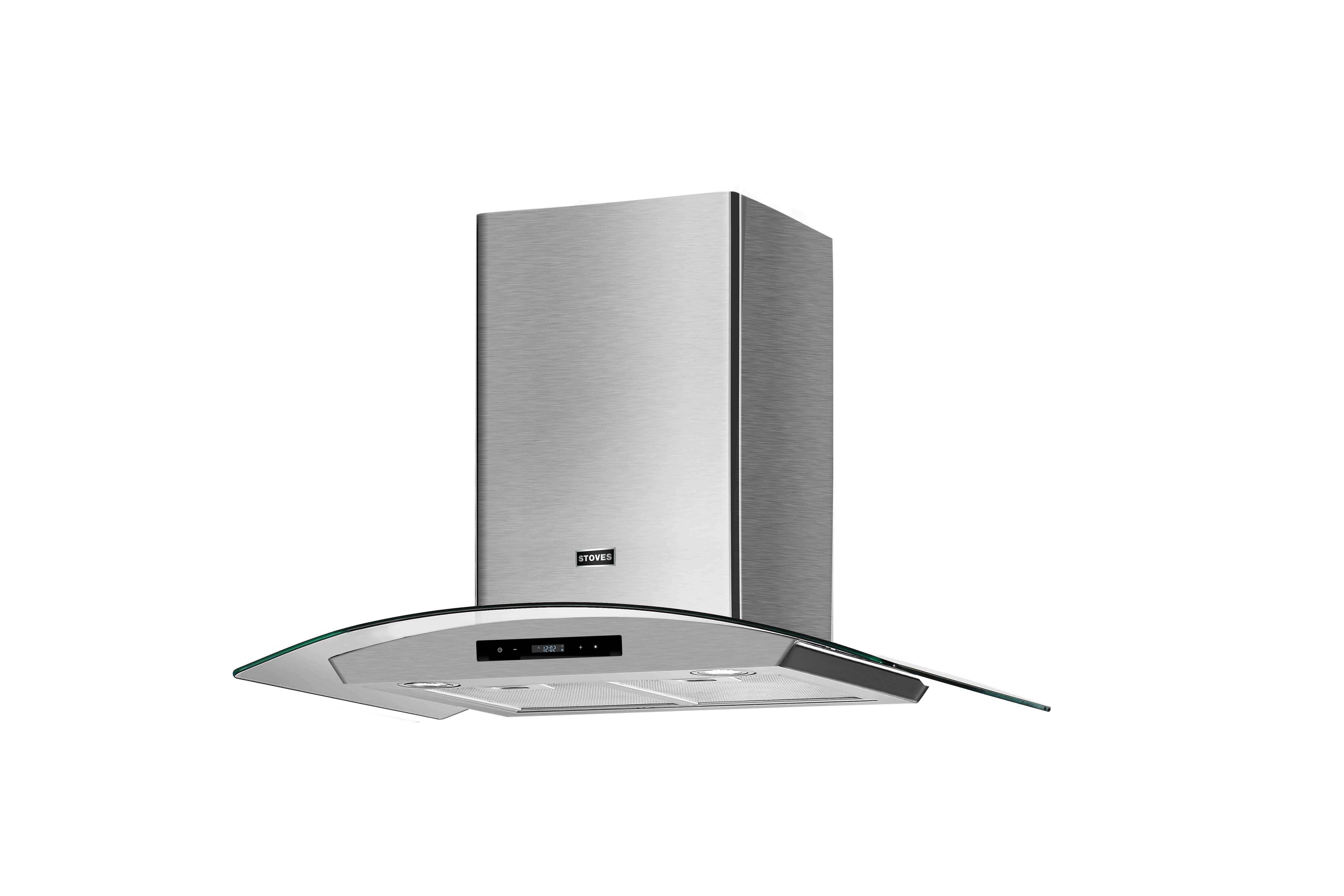 60cm curved glass hood with 3 fan speeds + booster, digital controls and two LED lights.