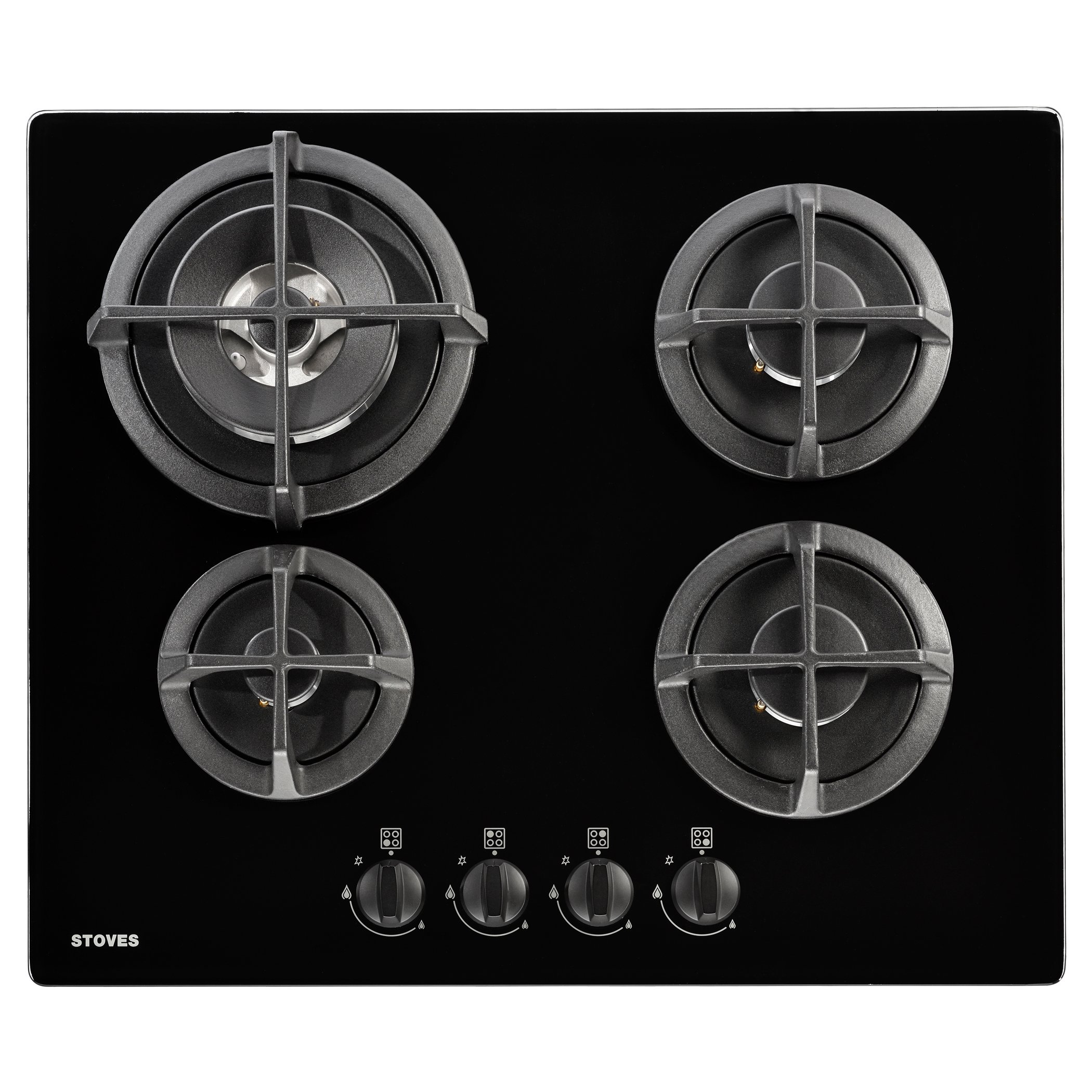 60cm built-in gas through glass hob offers 4 gas burners. Additional features include cast iron pan supports, automatic ignition, front rotary controls, flame safety device and easy clean surface.